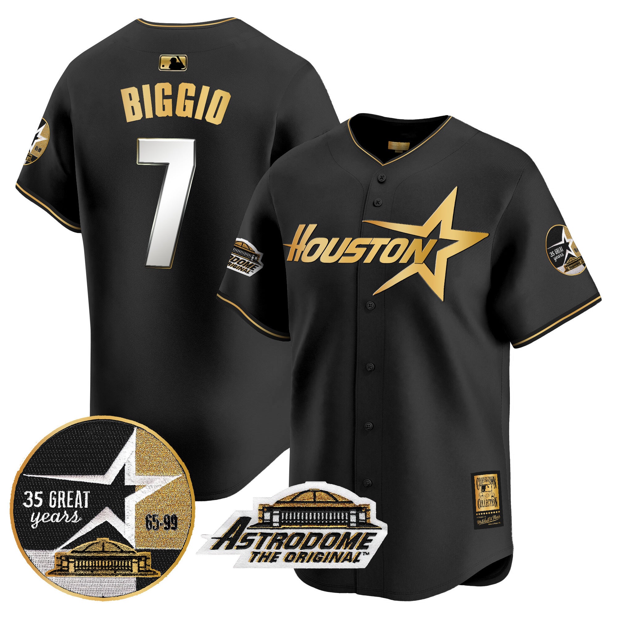 Men's Astros 1999 Throwback 35th & Astrodome Patch Vapor Premier Limited Jersey V2 - All Stitched - Black Gold, Craig Biggio