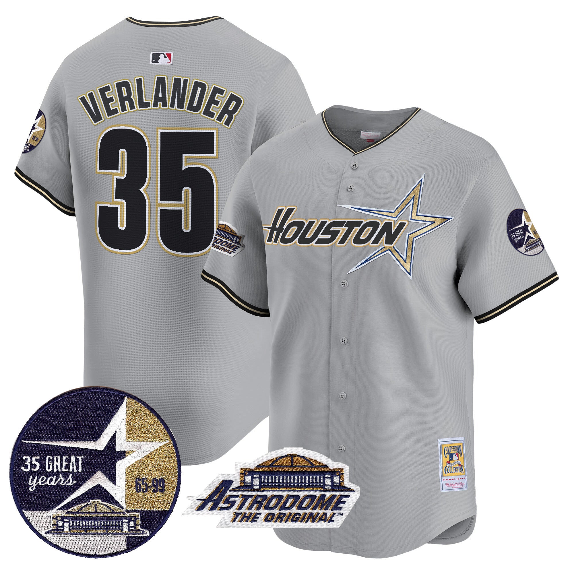 Men's Astros 1999 Throwback 35th & Astrodome Patch Vapor Premier Limited Jersey V2 - All Stitched - Gray, Justin Verlander