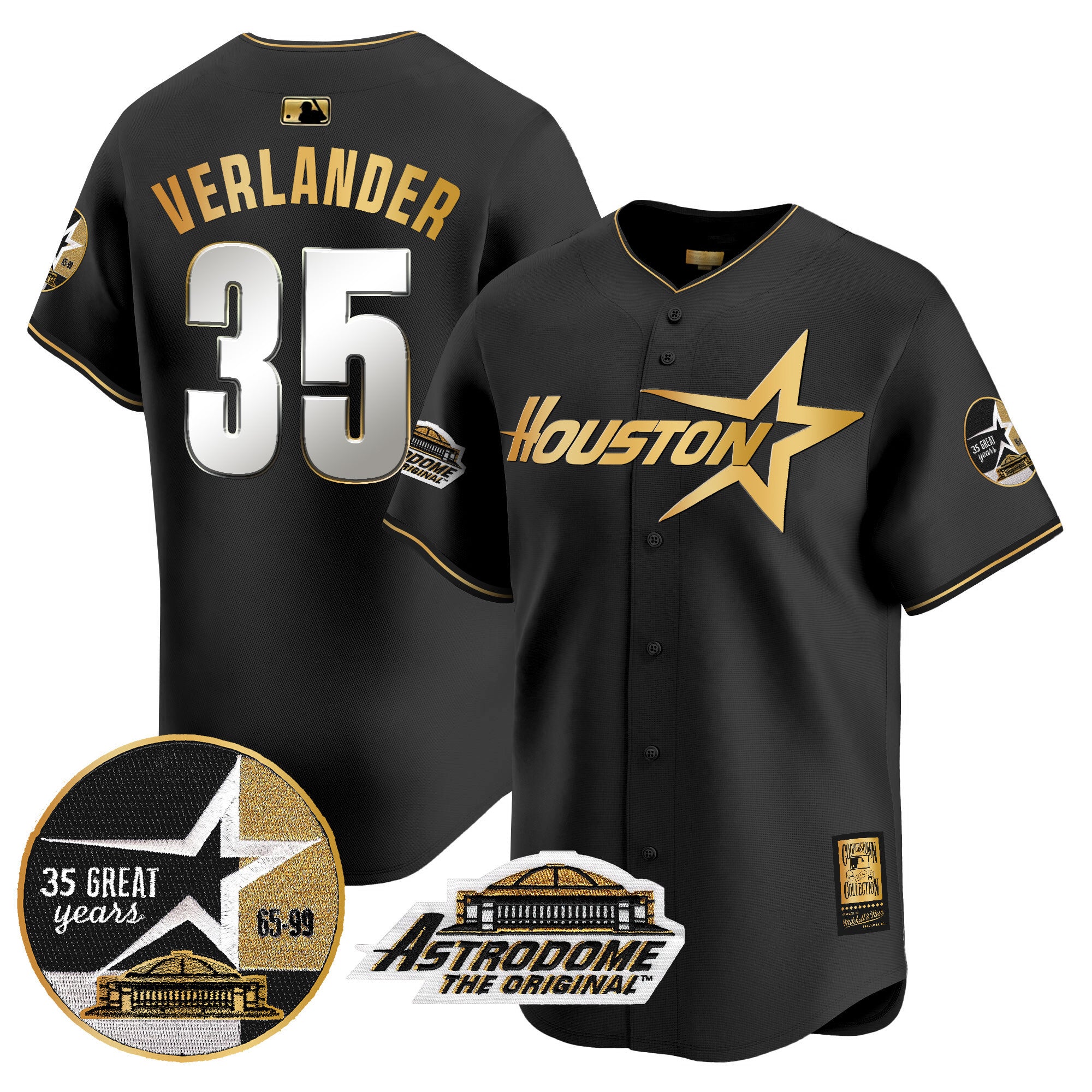 Men's Astros 1999 Throwback 35th & Astrodome Patch Vapor Premier Limited Jersey V2 - All Stitched - Black Gold, Justin Verlander