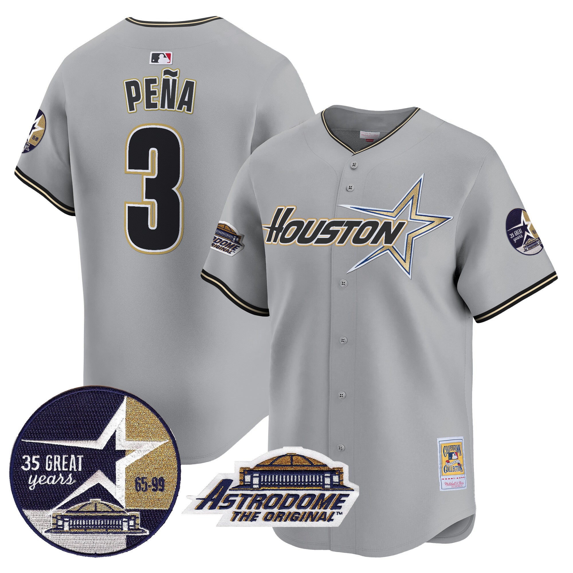 Men's Astros 1999 Throwback 35th & Astrodome Patch Vapor Premier Limited Jersey V2 - All Stitched - Gray, Jeremy Pena