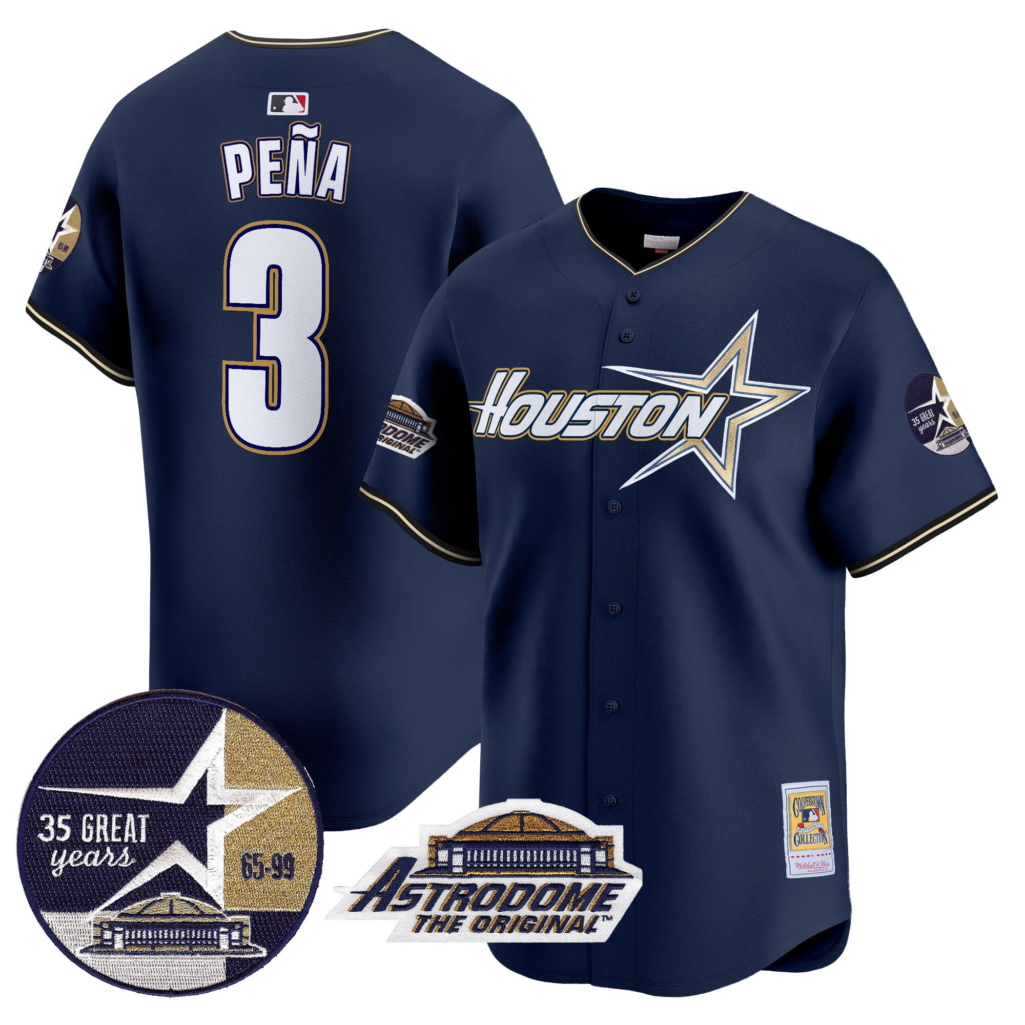 Men's Astros 1999 Throwback 35th & Astrodome Patch Vapor Premier Limited Jersey V2 - All Stitched - Navy, Jeremy Pena