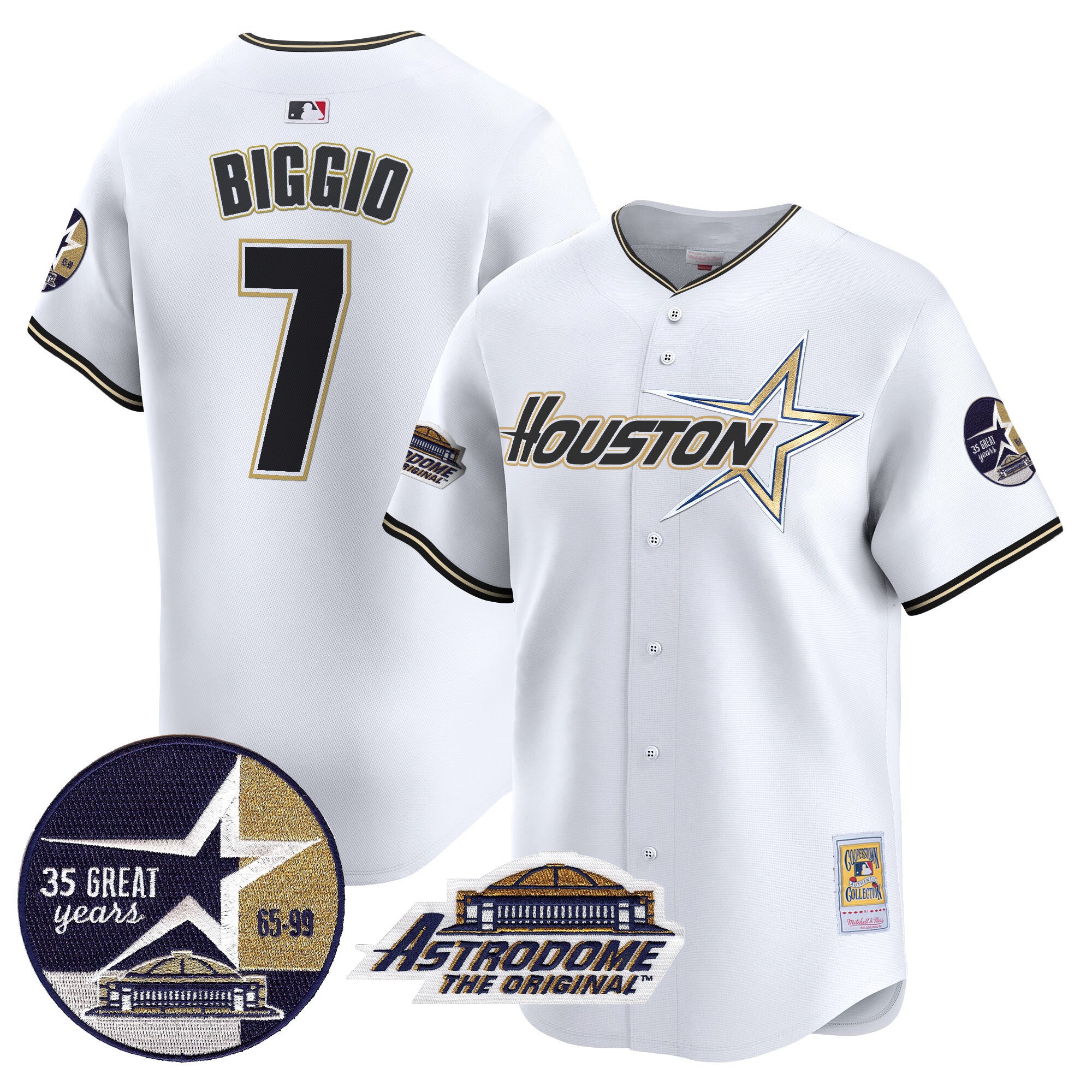 Men's Astros 1999 Throwback 35th & Astrodome Patch Vapor Premier Limited Jersey V2 - All Stitched - White, Craig Biggio
