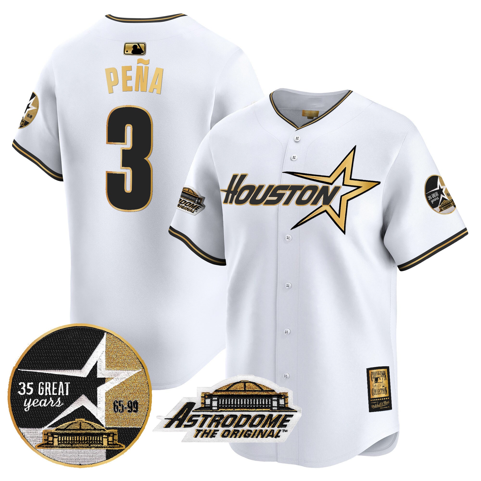 Men's Astros 1999 Throwback 35th & Astrodome Patch Vapor Premier Limited Jersey V2 - All Stitched - White Gold, Jeremy Pena