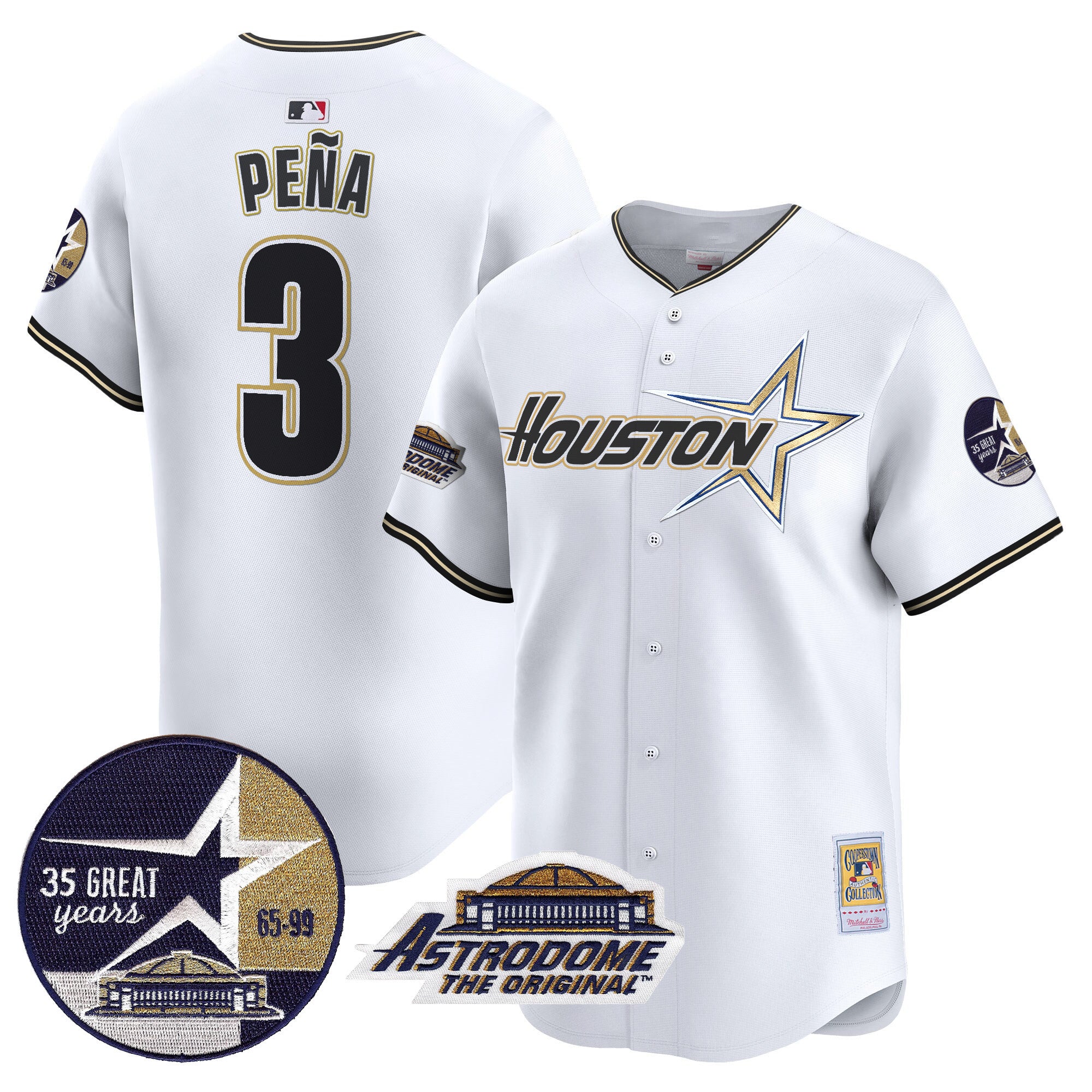 Men's Astros 1999 Throwback 35th & Astrodome Patch Vapor Premier Limited Jersey V2 - All Stitched - White, Jeremy Pena