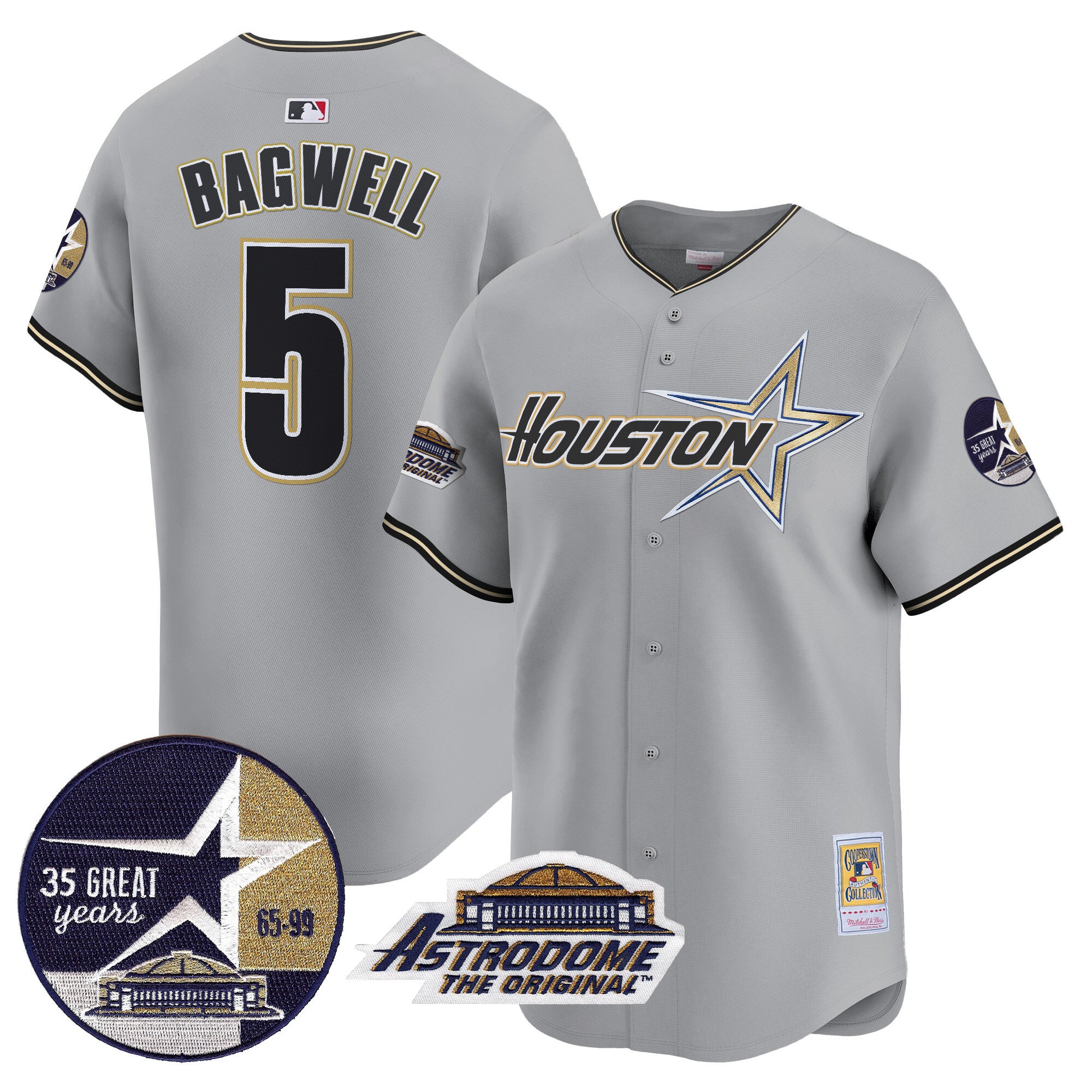 Men's Astros 1999 Throwback 35th & Astrodome Patch Vapor Premier Limited Jersey V2 - All Stitched - Gray, Jeff Bagwell