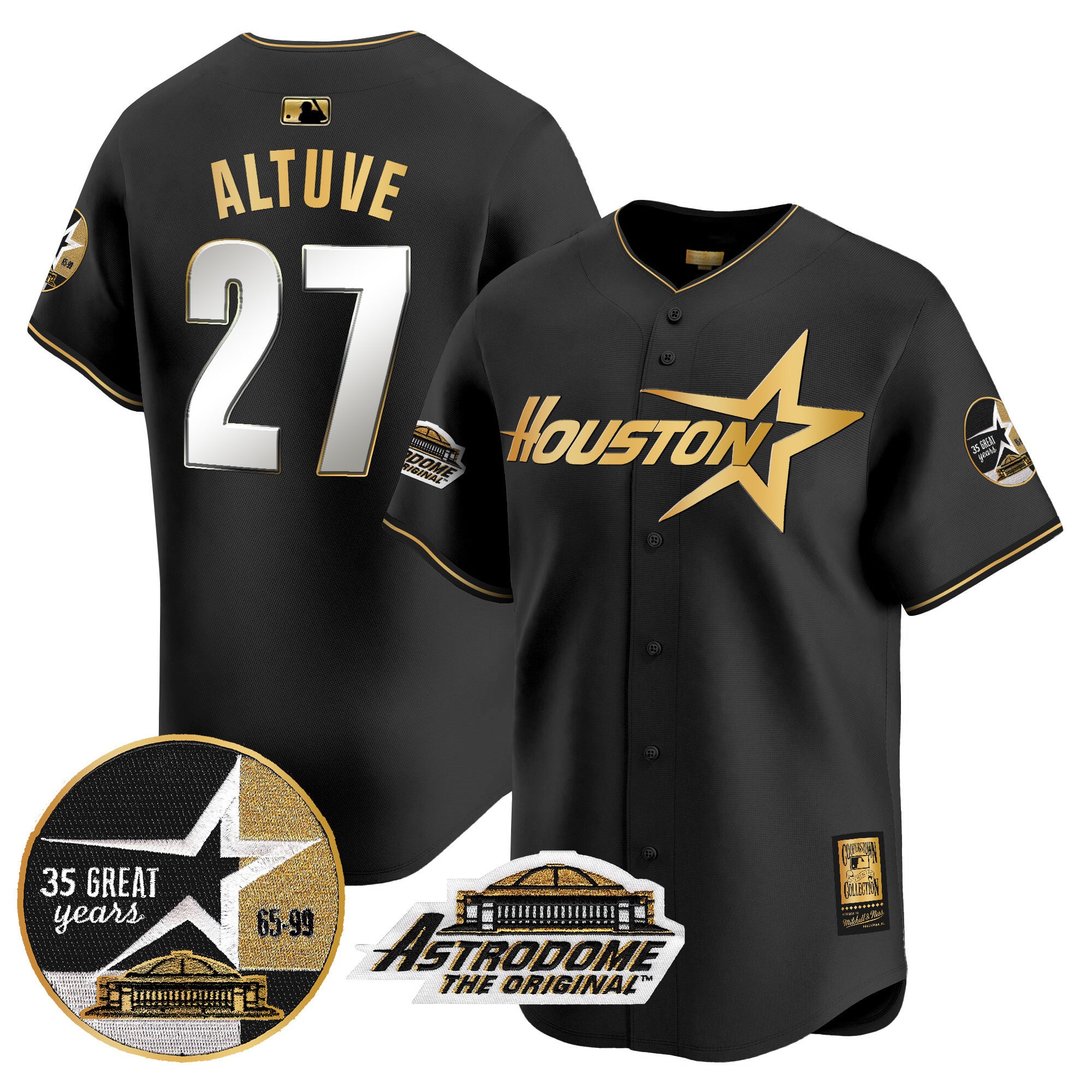 Men's Astros 1999 Throwback 35th & Astrodome Patch Vapor Premier Limited Jersey V2 - All Stitched - Black Gold, José Altuve