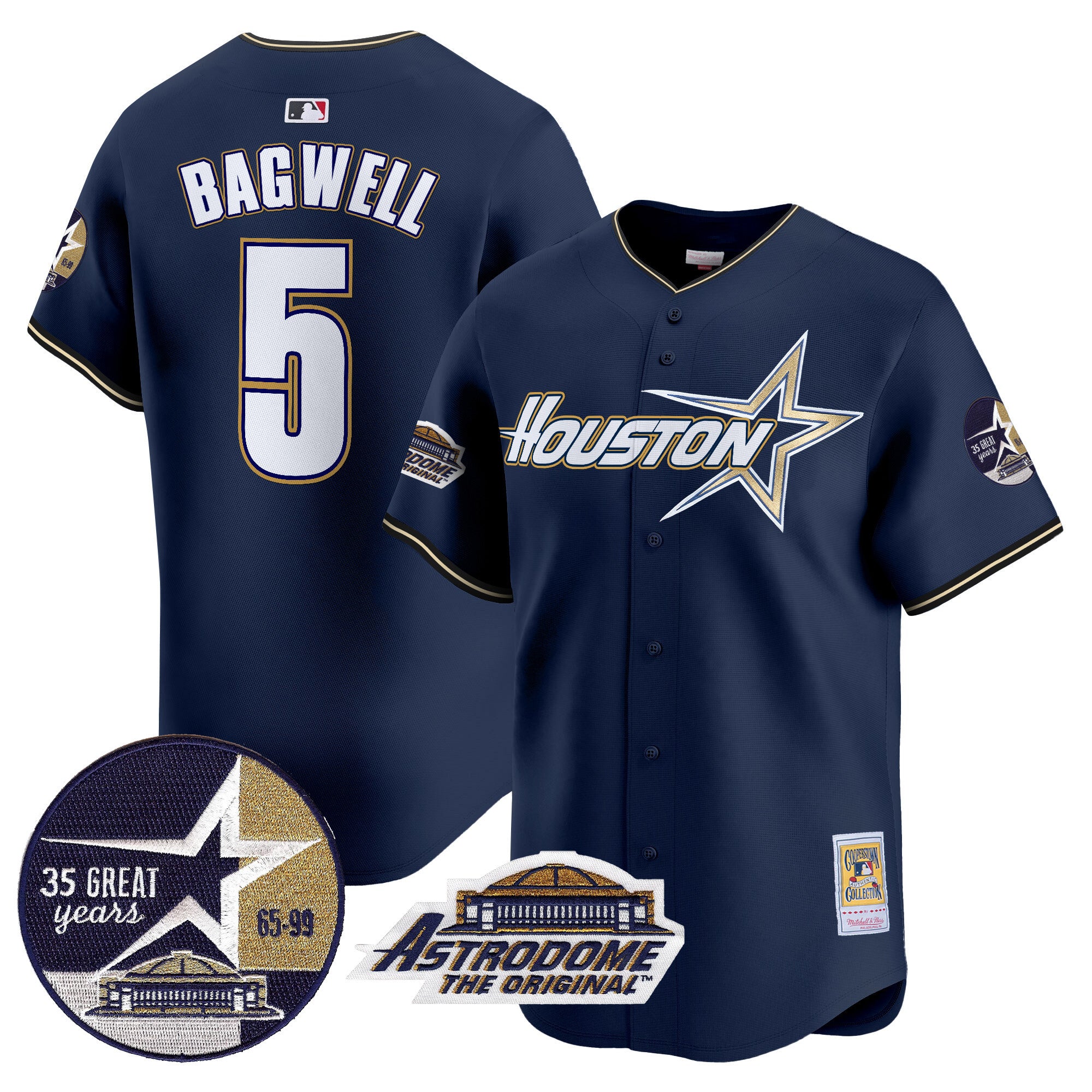 Men's Astros 1999 Throwback 35th & Astrodome Patch Vapor Premier Limited Jersey V2 - All Stitched - Navy, Jeff Bagwell