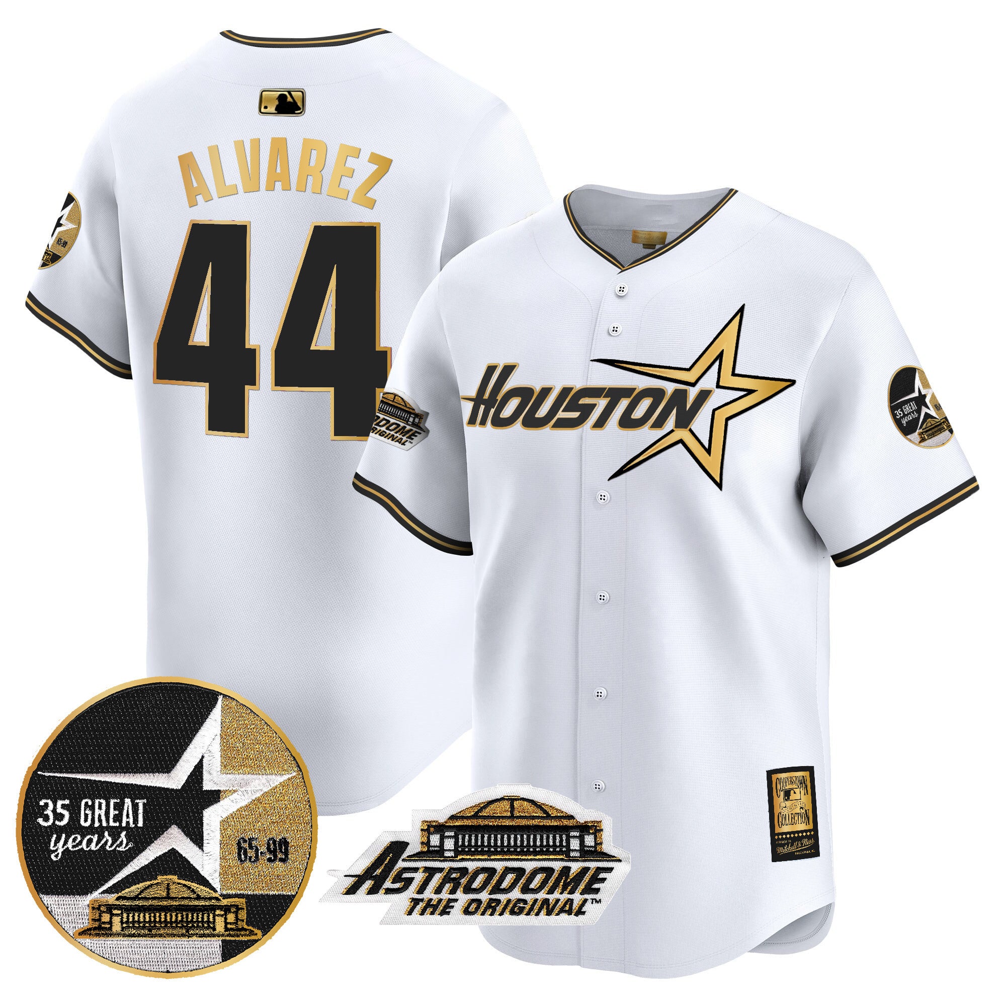 Men's Astros 1999 Throwback 35th & Astrodome Patch Vapor Premier Limited Jersey V2 - All Stitched - White Gold, Yordan Álvarez