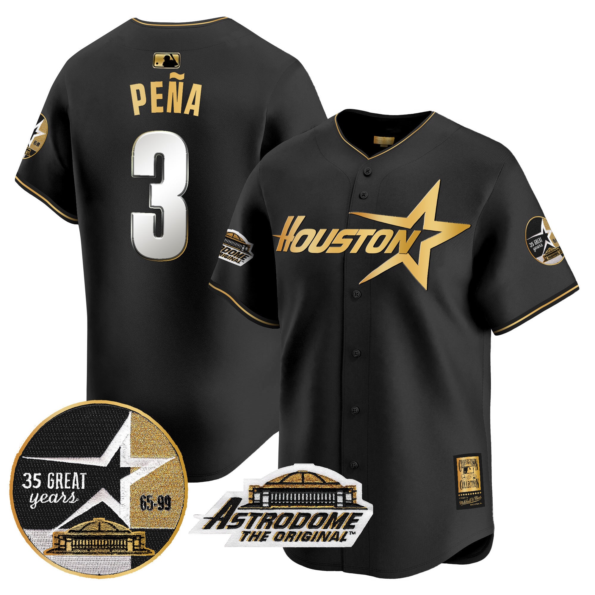 Men's Astros 1999 Throwback 35th & Astrodome Patch Vapor Premier Limited Jersey V2 - All Stitched - Black Gold, Jeremy Pena