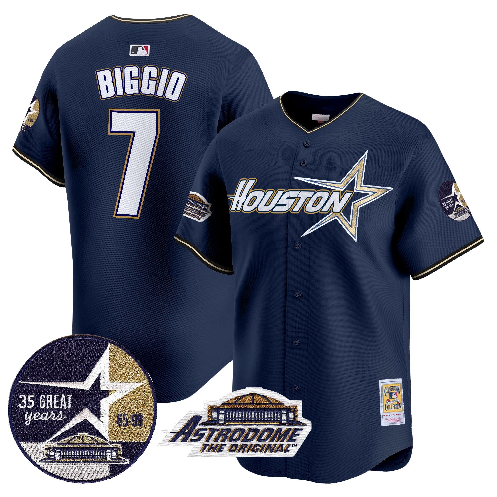 Men's Astros 1999 Throwback 35th & Astrodome Patch Vapor Premier Limited Jersey V2 - All Stitched - Navy, Craig Biggio