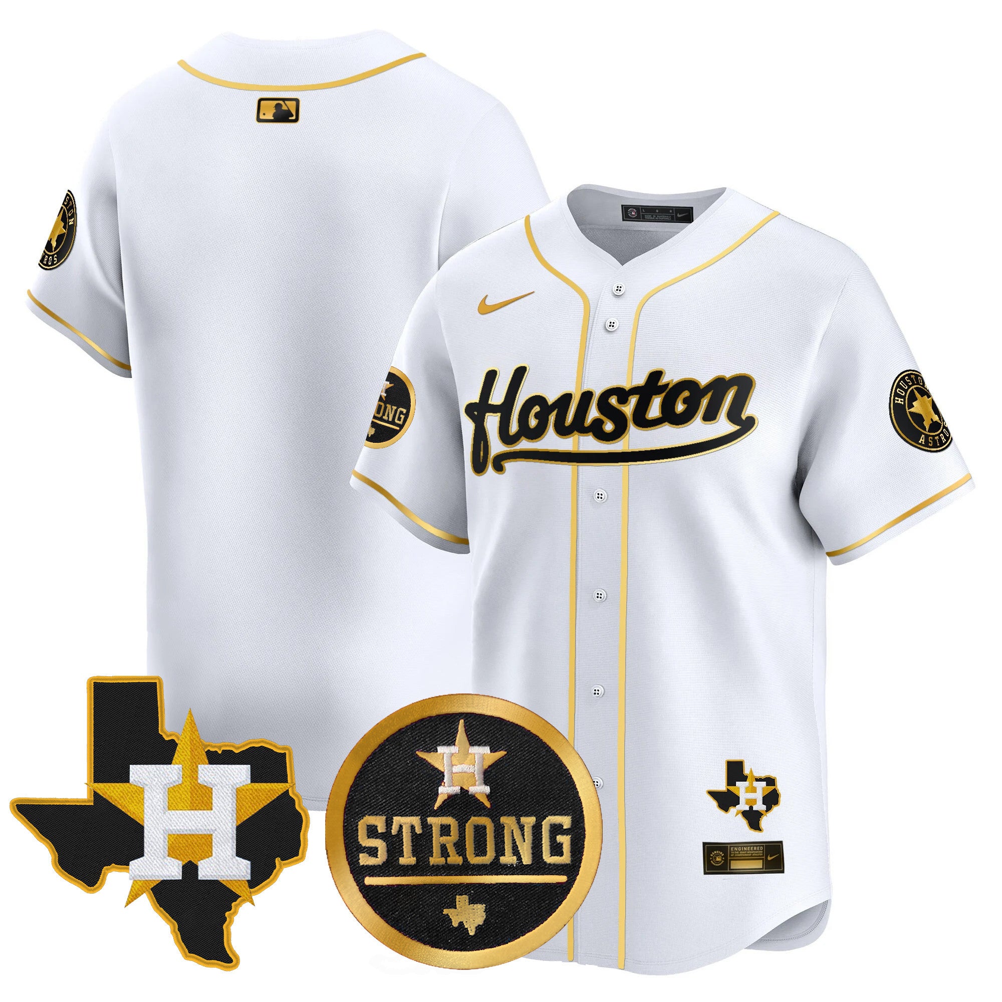Men's Astros "Houston Strong" Patch Vapor Premier Limited Jersey - All Stitched - White Gold, Team