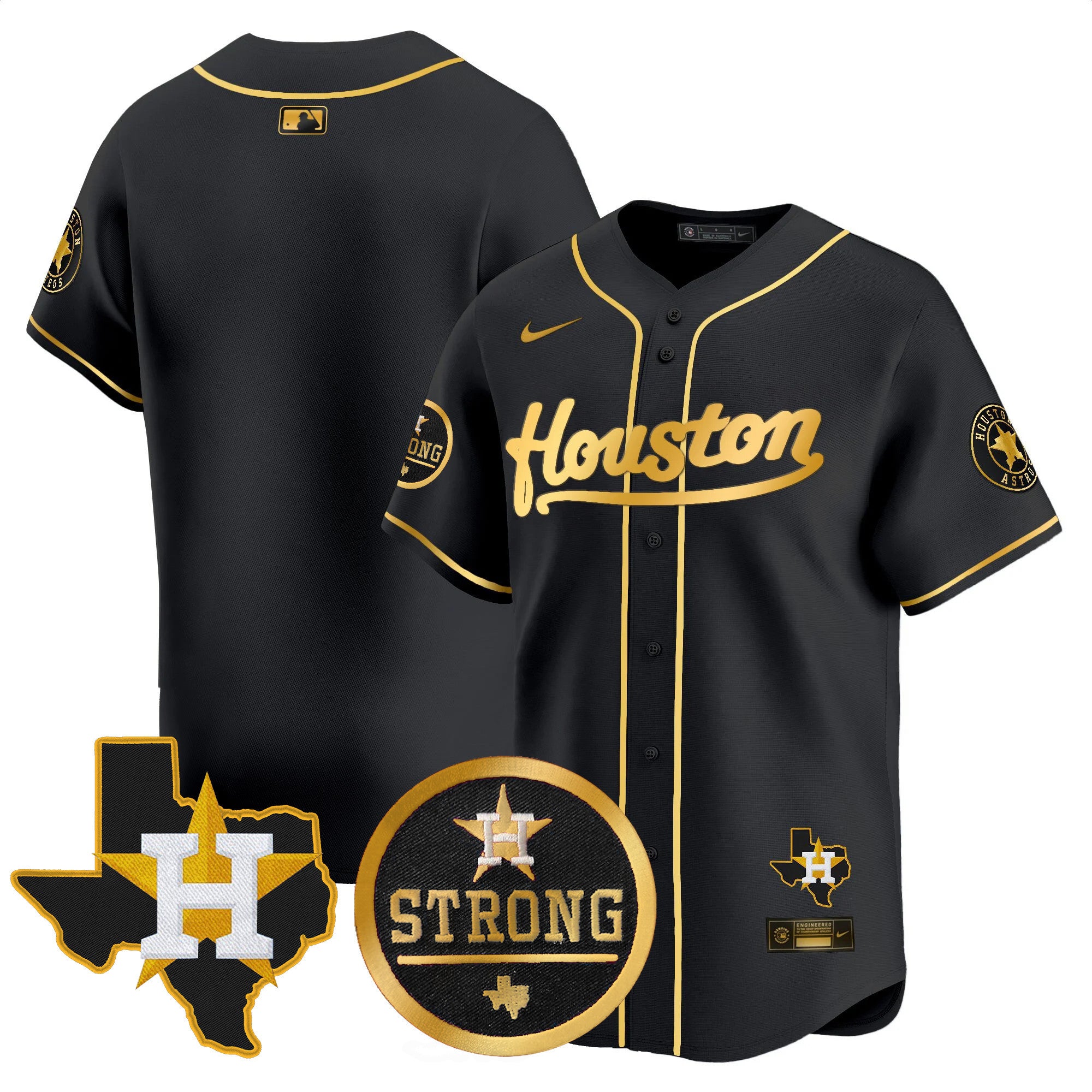 Men's Astros "Houston Strong" Patch Vapor Premier Limited Jersey - All Stitched - Black Gold, Team