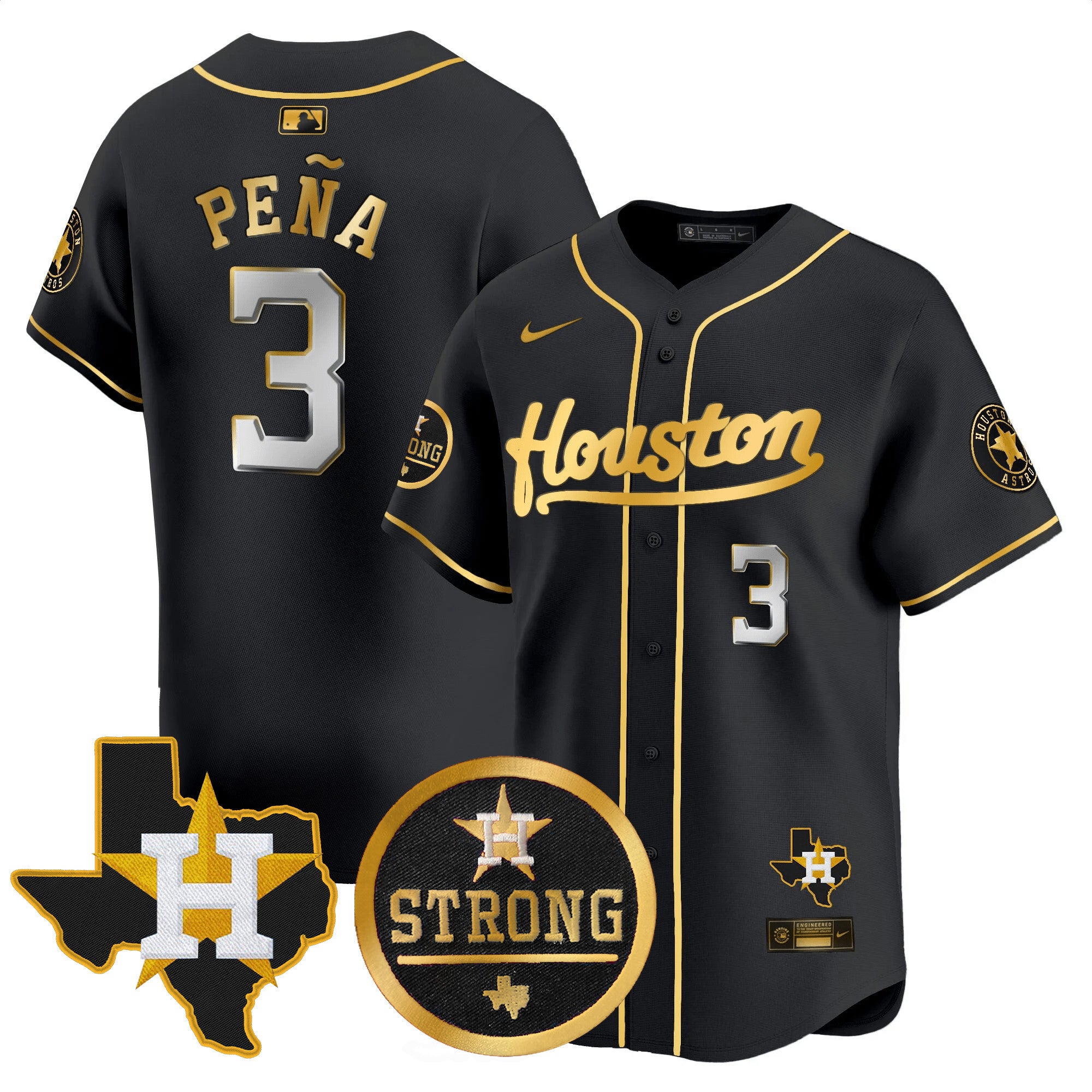 Men's Astros "Houston Strong" Patch Vapor Premier Limited Jersey - All Stitched - Black Gold, Jeremy Pena