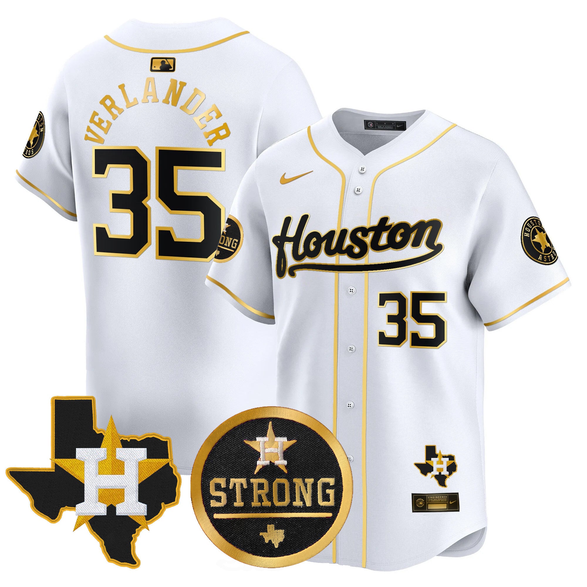 Men's Astros "Houston Strong" Patch Vapor Premier Limited Jersey - All Stitched - White Gold, Justin Verlander