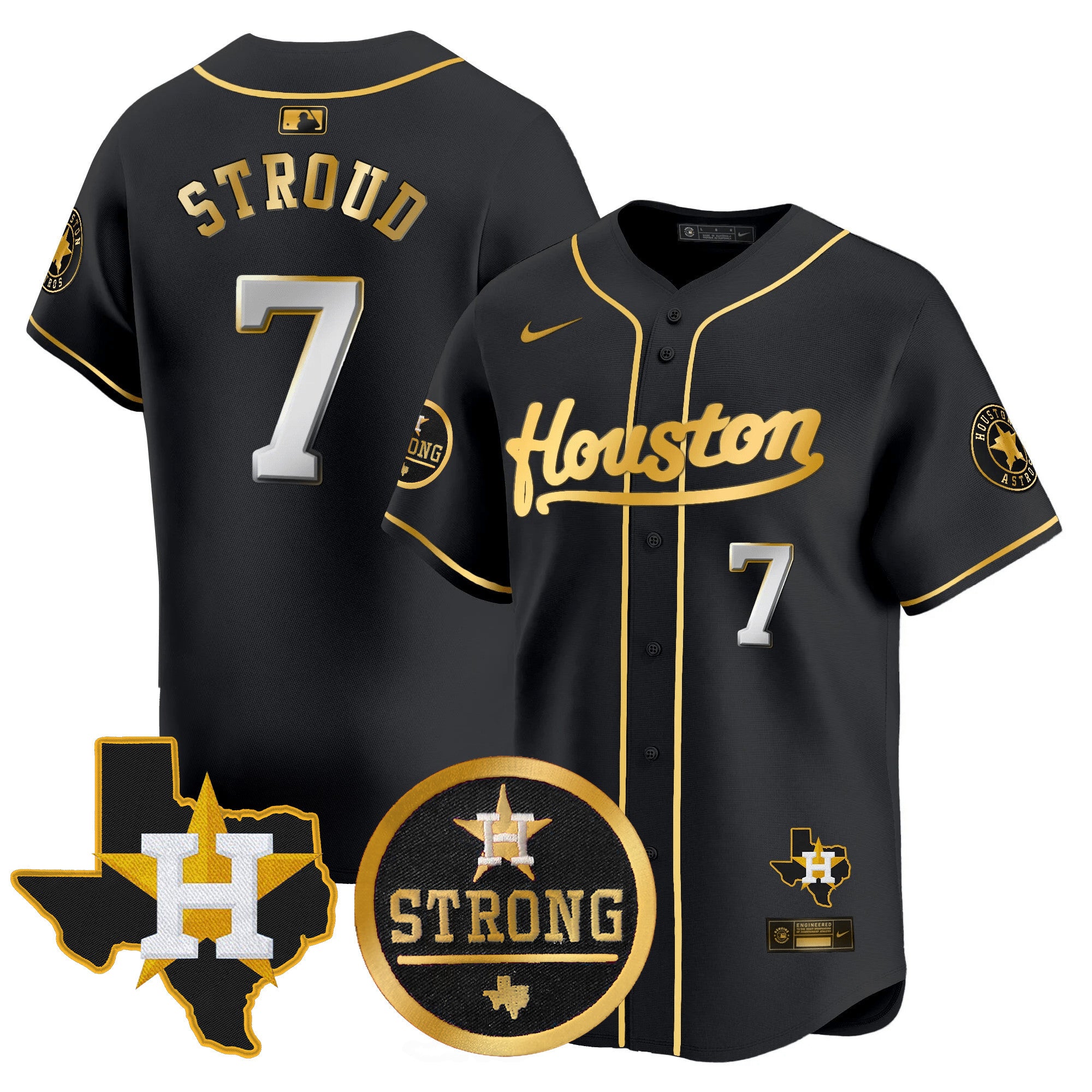 Men's Astros "Houston Strong" Patch Vapor Premier Limited Jersey - All Stitched - Black Gold, CJ Stroud