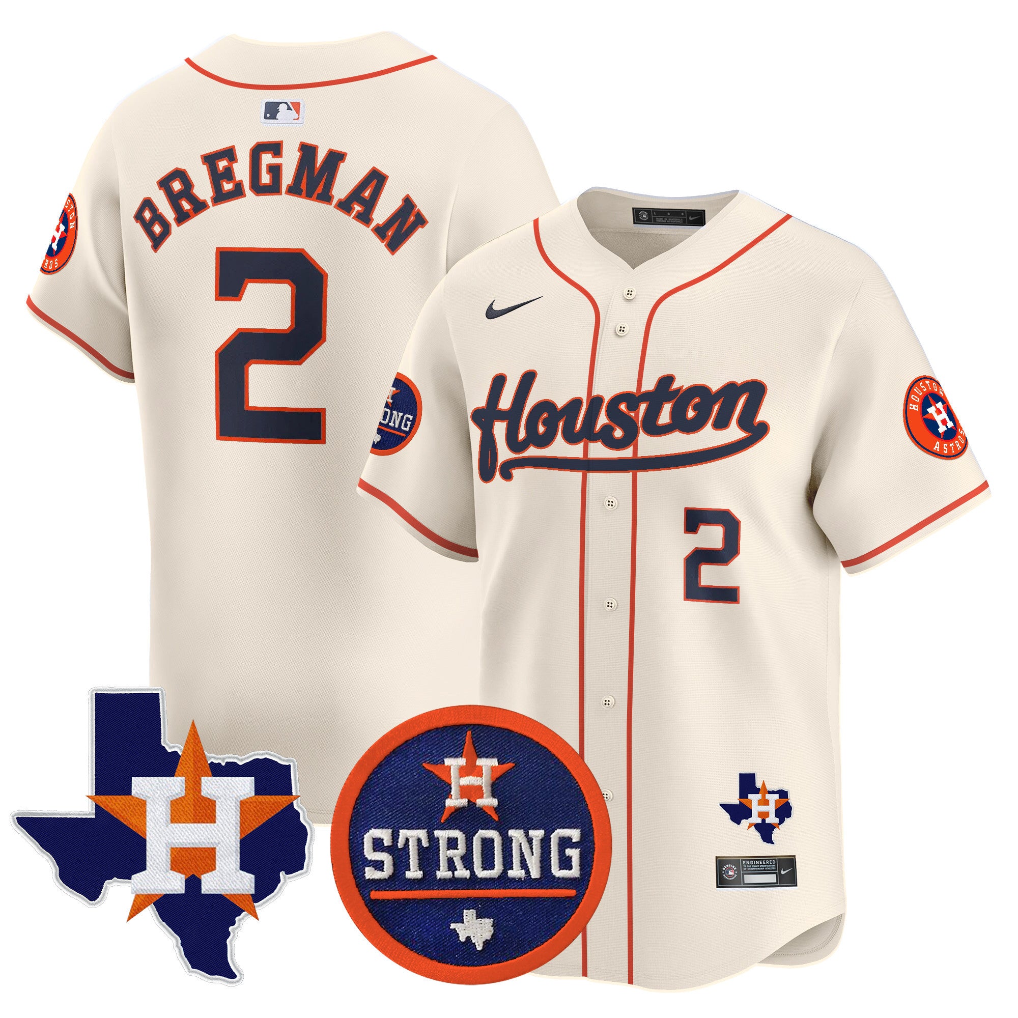 Men's Astros "Houston Strong" Patch Vapor Premier Limited Jersey - All Stitched - Cream, Alex Bregman