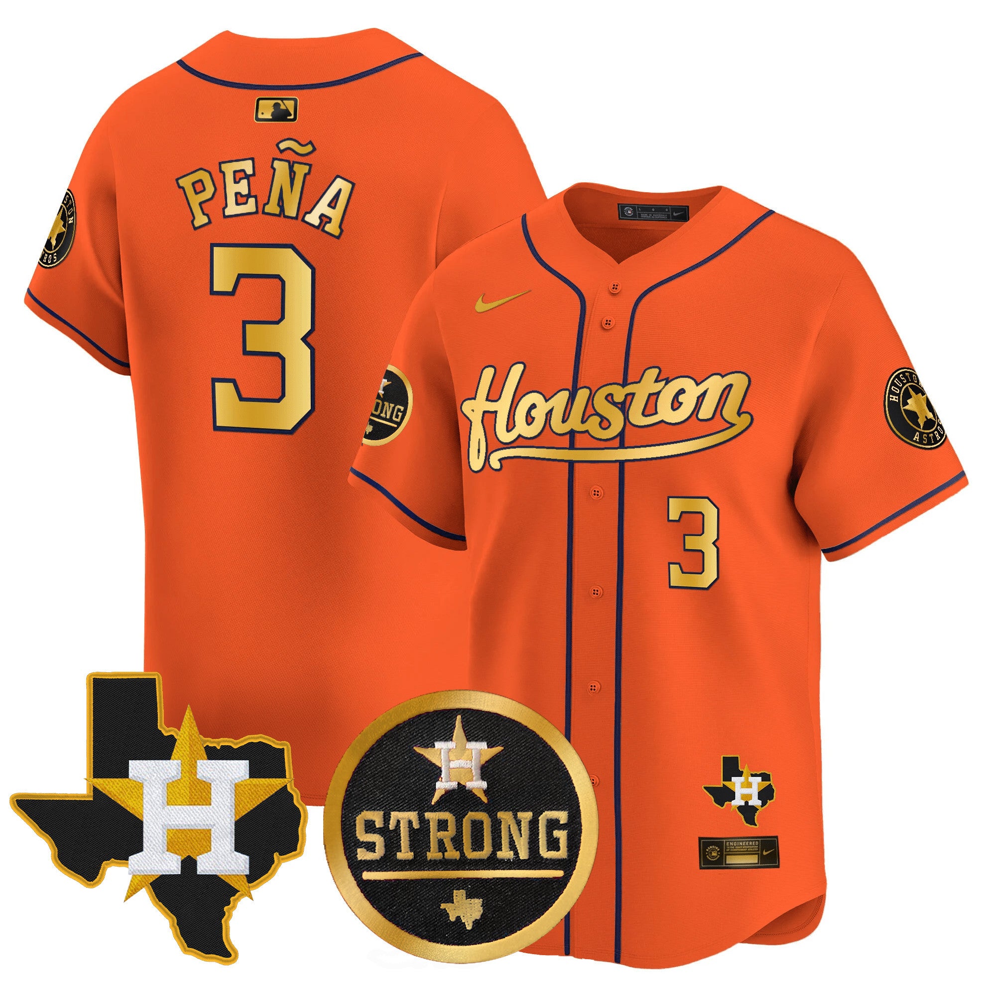 Men's Astros "Houston Strong" Patch Vapor Premier Limited Jersey - All Stitched - Orange Gold, Jeremy Pena