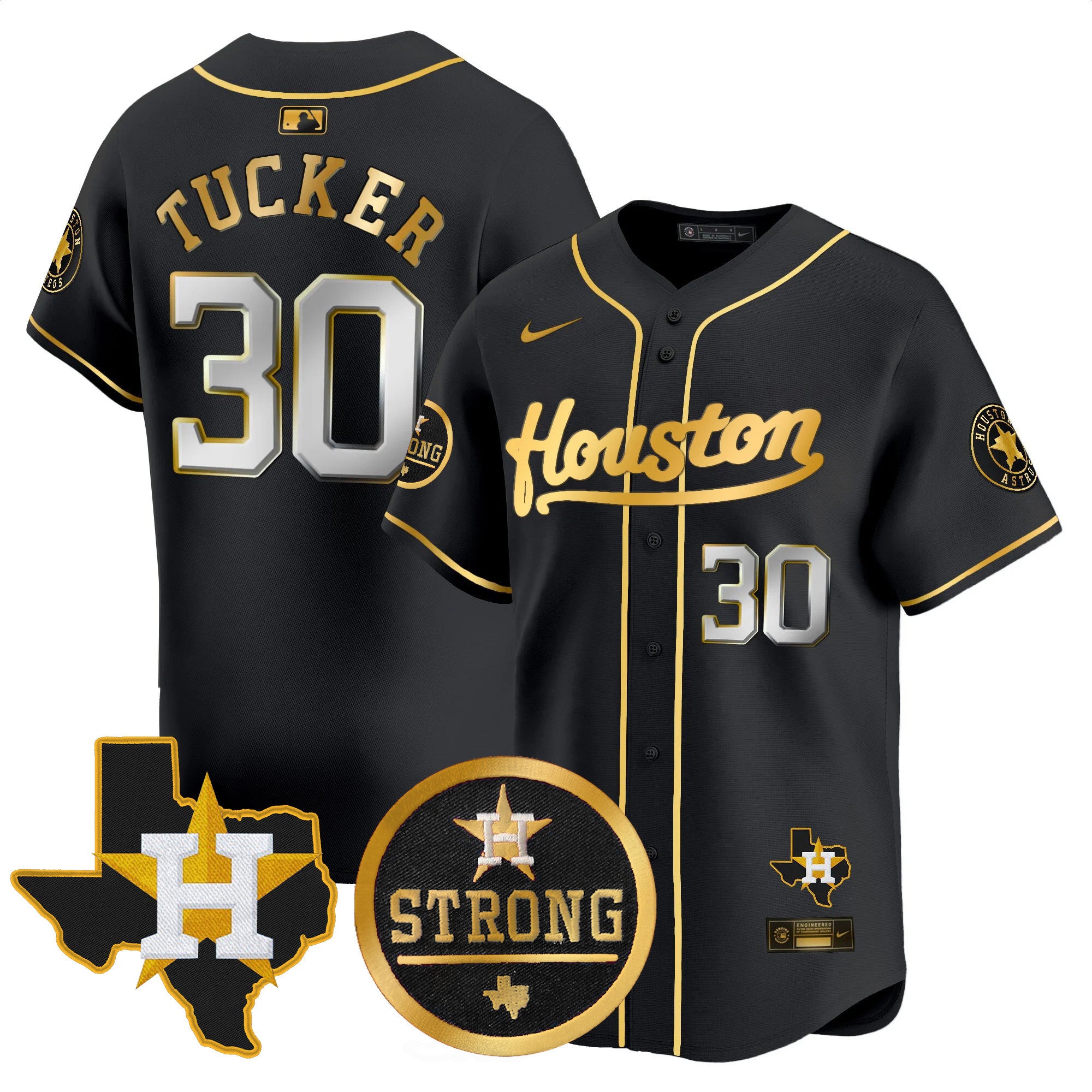 Men's Astros "Houston Strong" Patch Vapor Premier Limited Jersey - All Stitched - Black Gold, Kyle Tucker