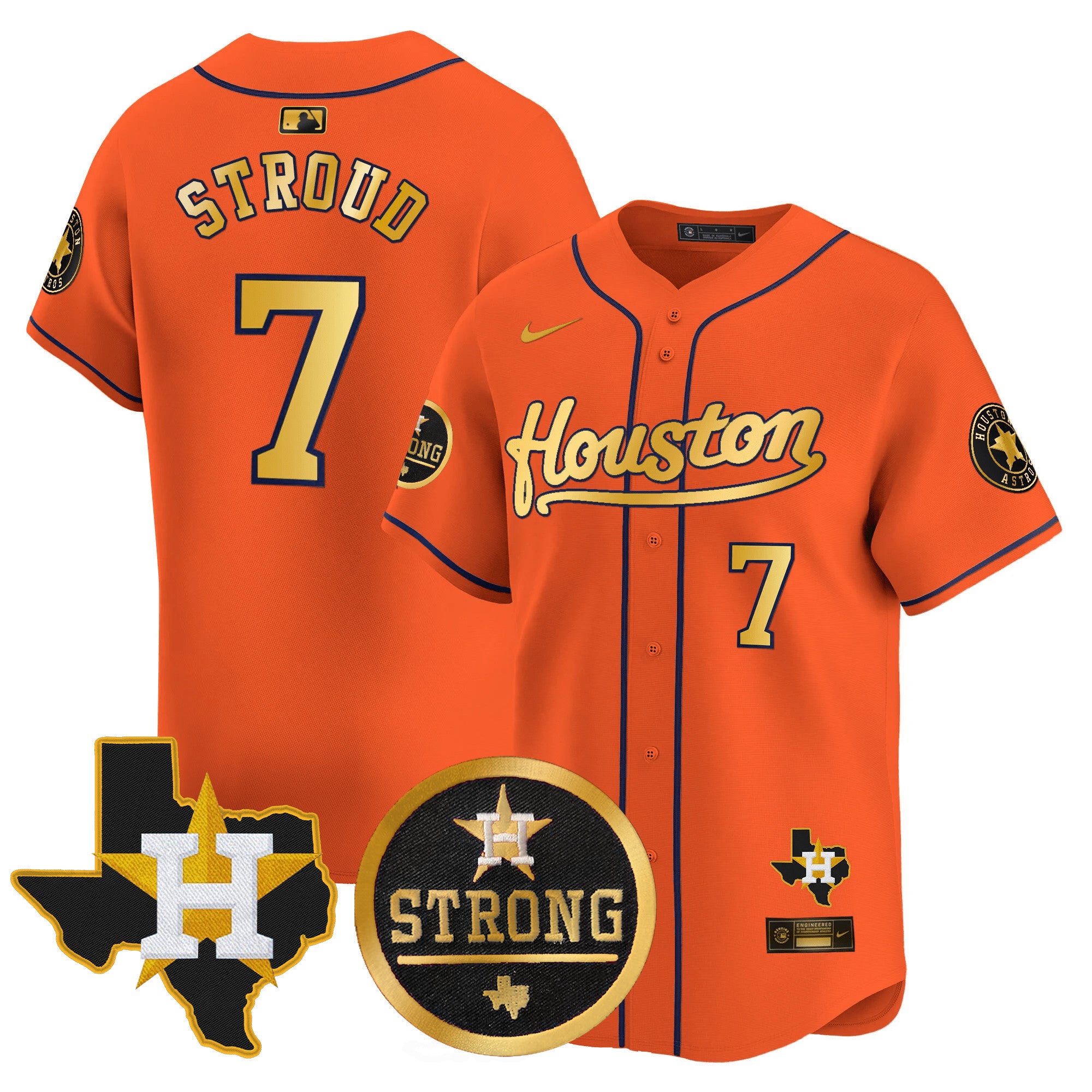 Men's Astros "Houston Strong" Patch Vapor Premier Limited Jersey - All Stitched - Orange Gold, CJ Stroud
