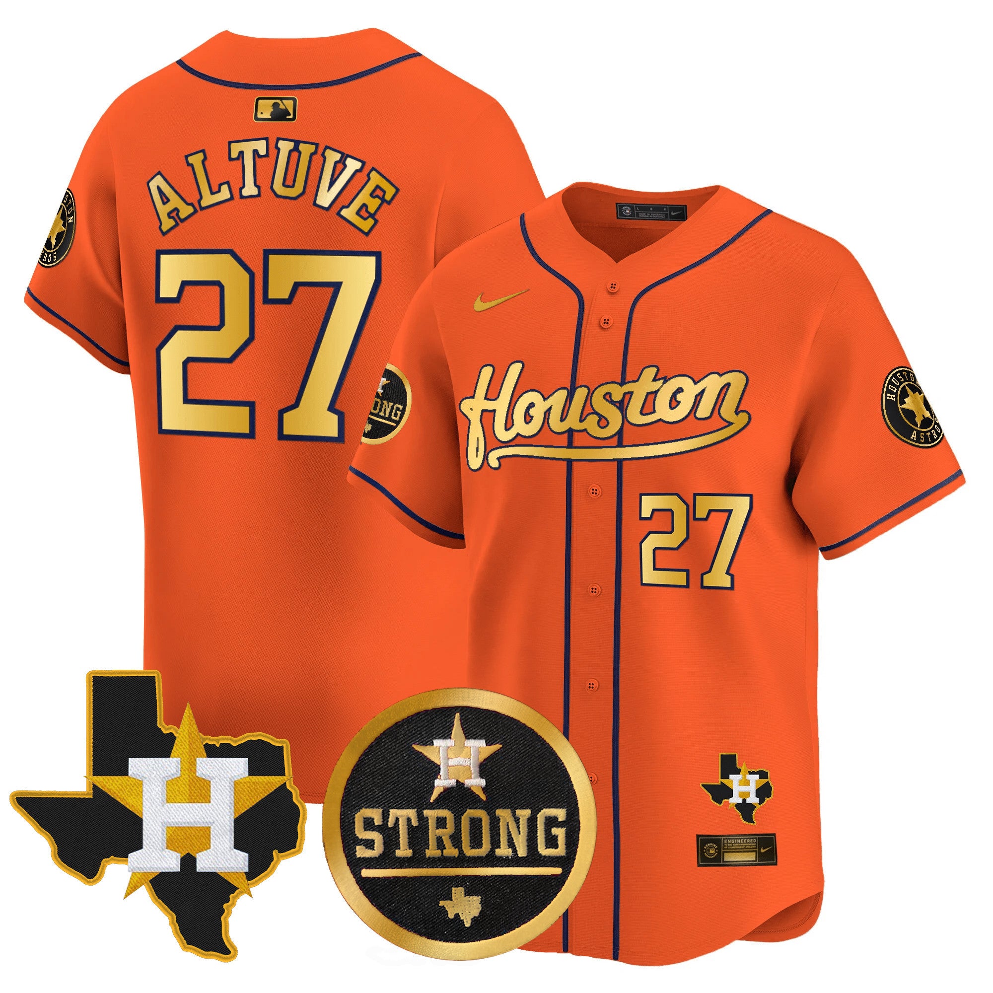 Men's Astros "Houston Strong" Patch Vapor Premier Limited Jersey - All Stitched - Orange Gold, José Altuve