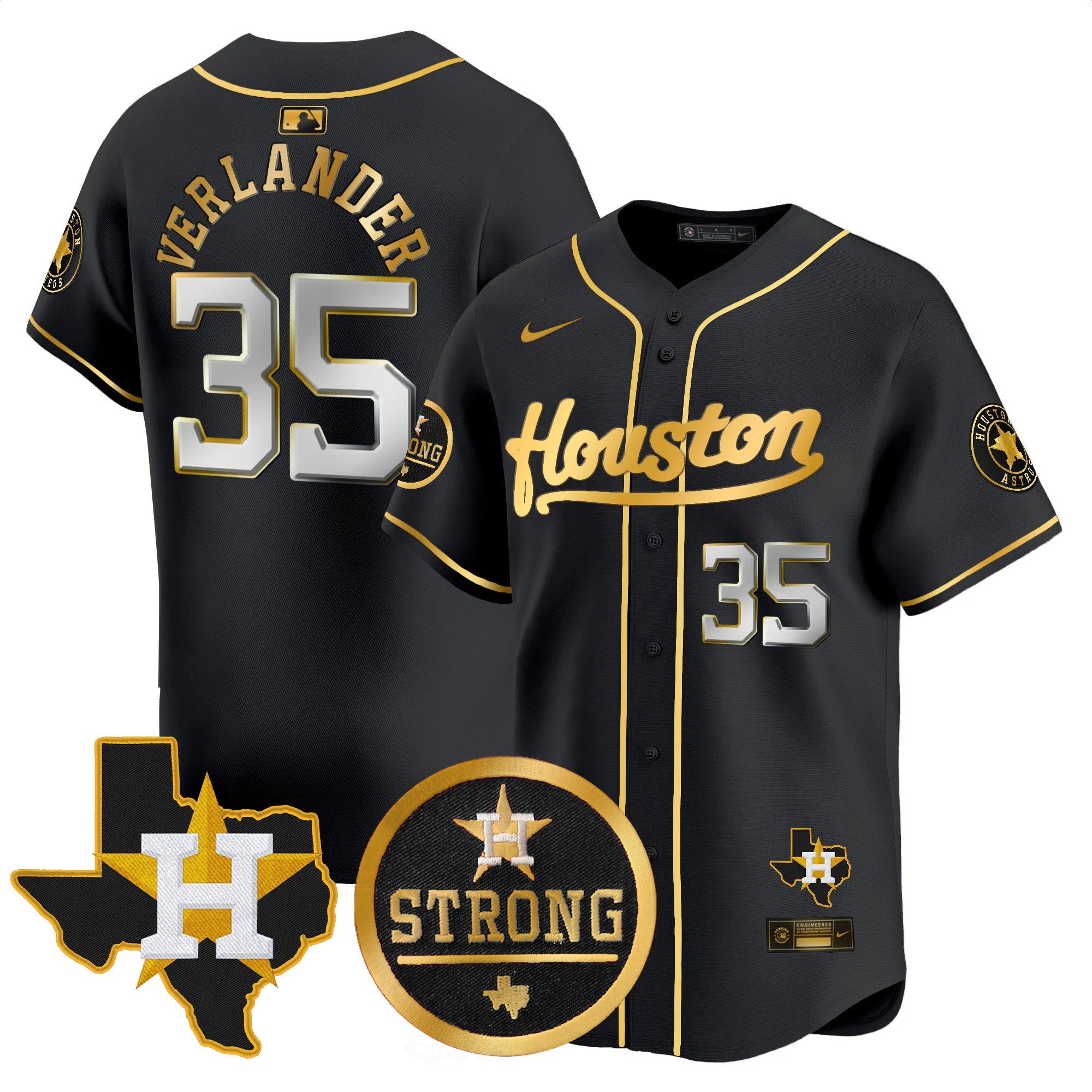 Men's Astros "Houston Strong" Patch Vapor Premier Limited Jersey - All Stitched - Black Gold, Justin Verlander