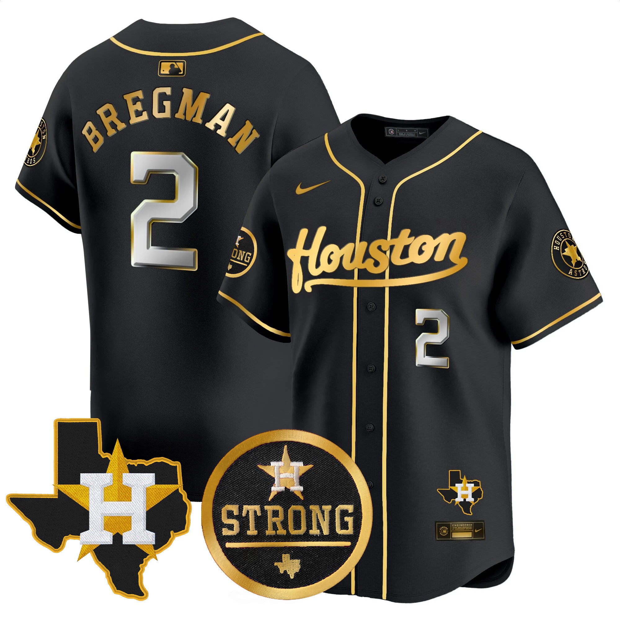Men's Astros "Houston Strong" Patch Vapor Premier Limited Jersey - All Stitched - Black Gold, Alex Bregman