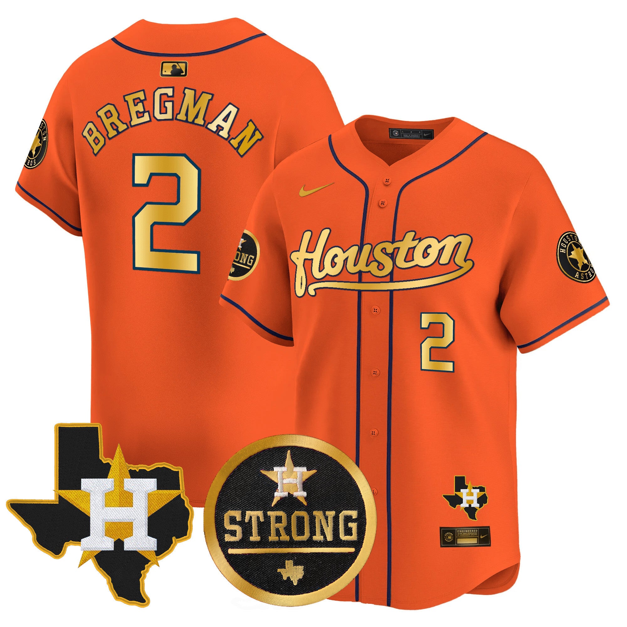 Men's Astros "Houston Strong" Patch Vapor Premier Limited Jersey - All Stitched - Orange Gold, Alex Bregman