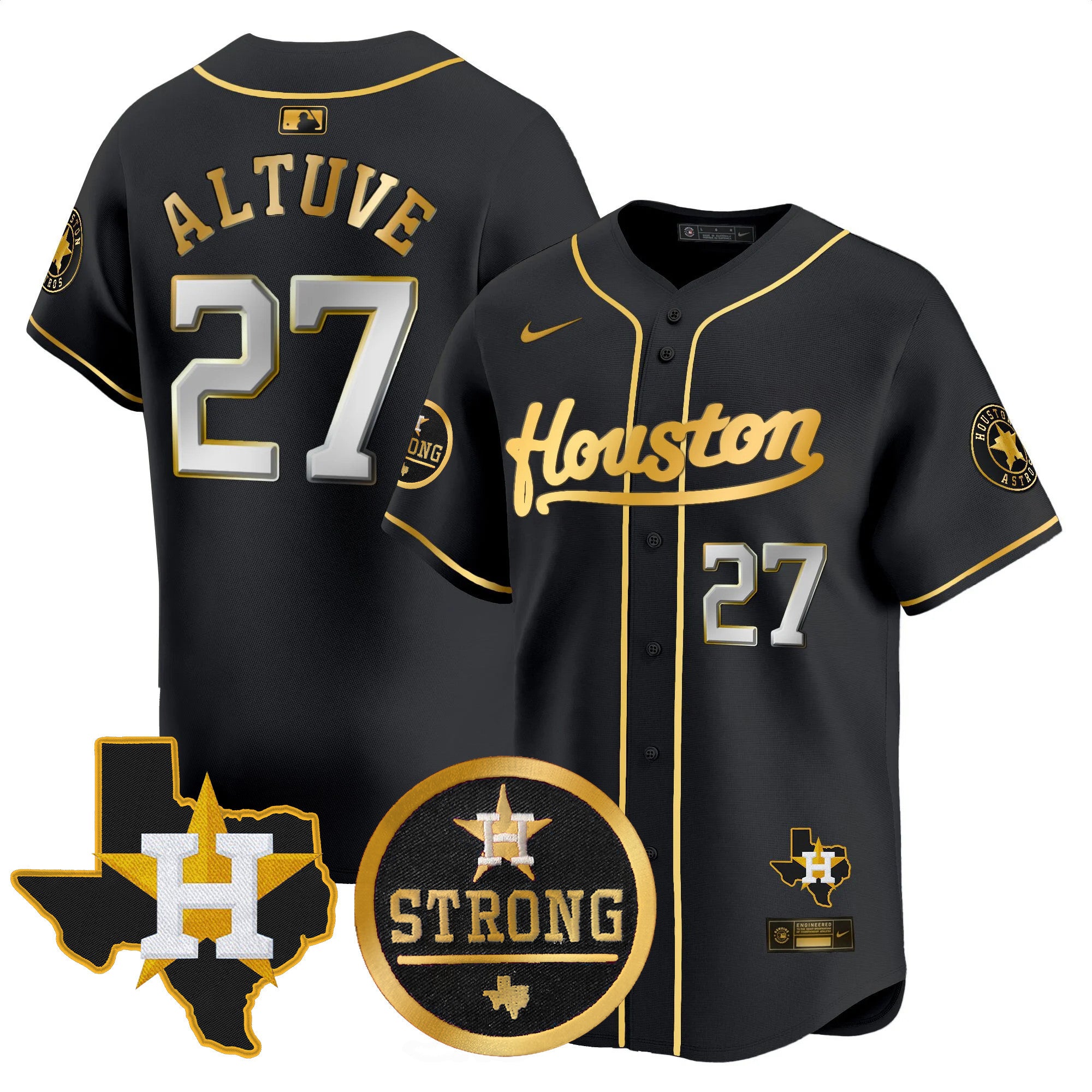 Men's Astros "Houston Strong" Patch Vapor Premier Limited Jersey - All Stitched - Black Gold, José Altuve