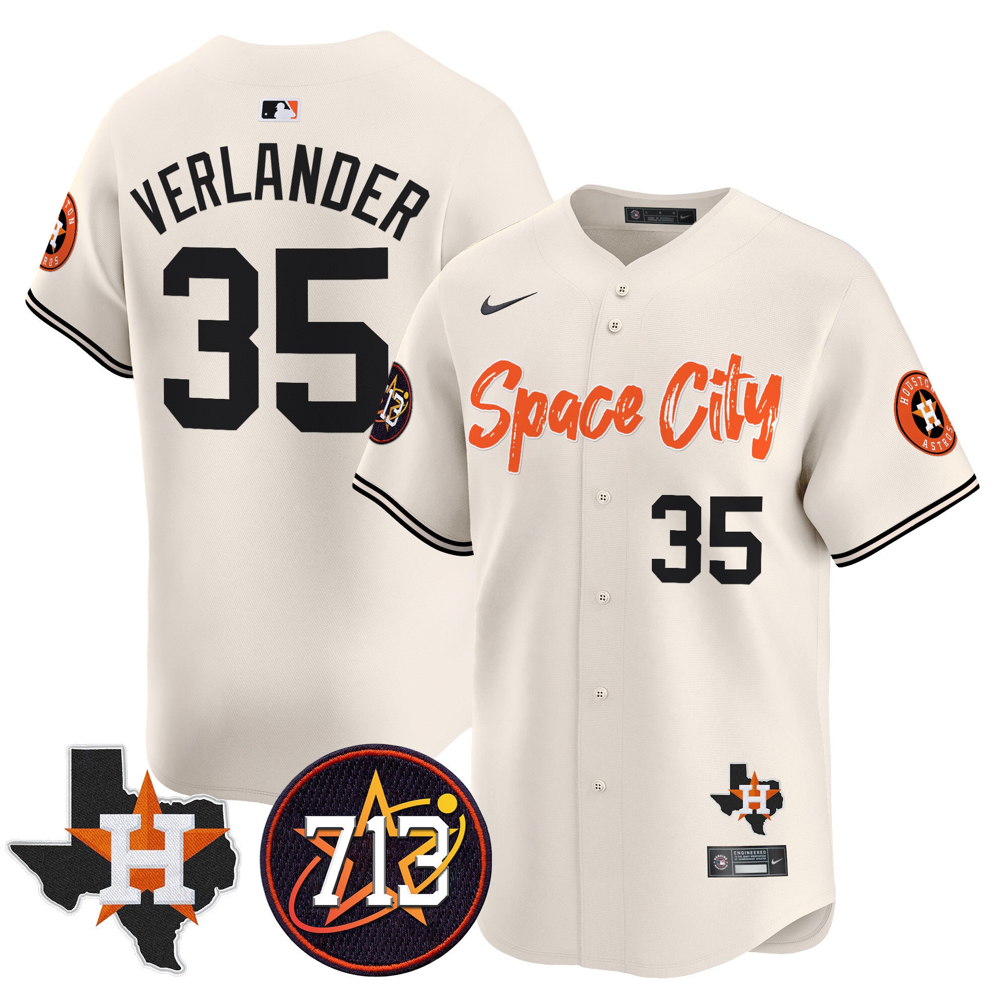 Men's Astros Space City 713 Patch Vapor Premier Limited Jersey V2 - All Stitched - Cream, Justin Verlander