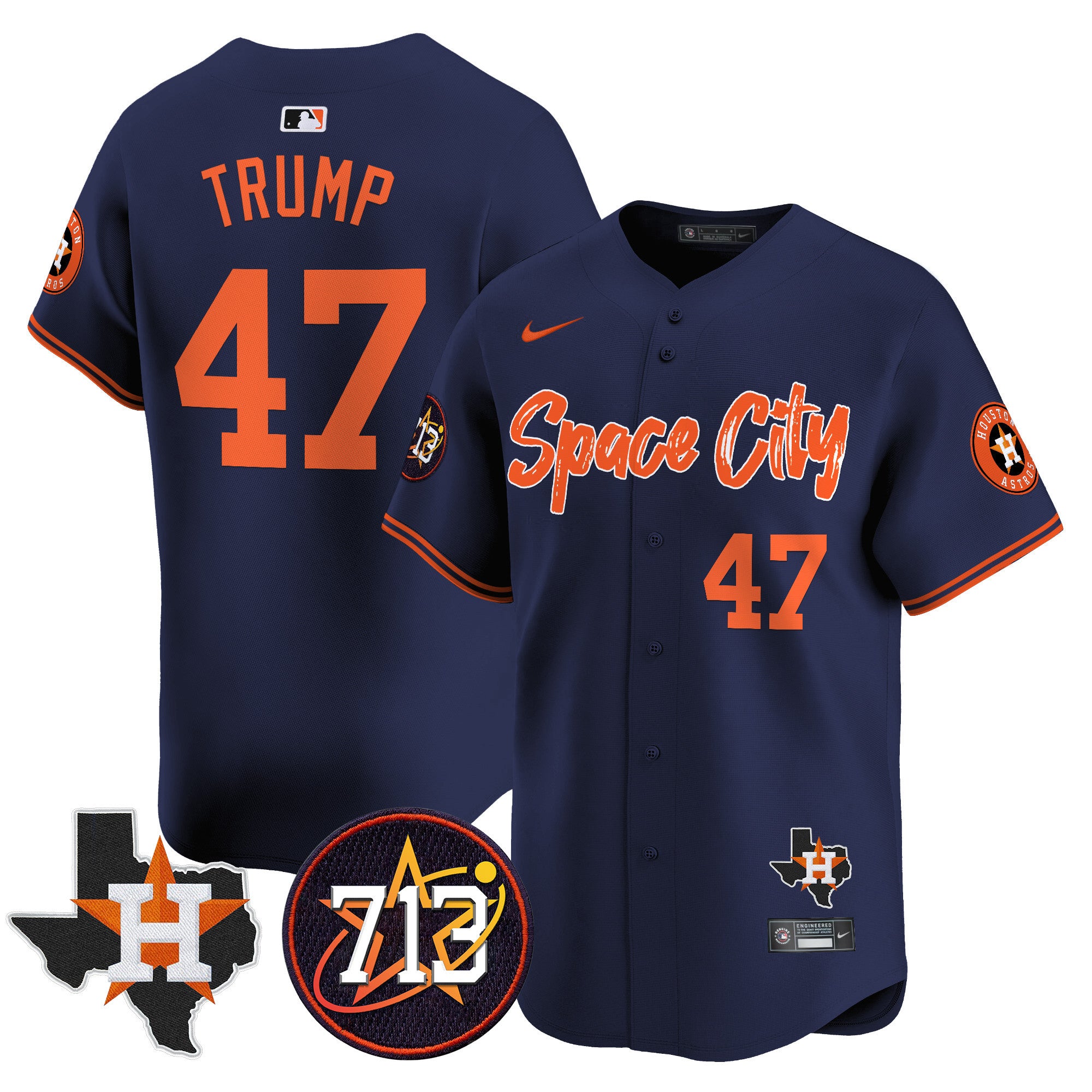 Men's Astros Space City 713 Patch Vapor Premier Limited Jersey V2 - All Stitched - Navy, Donald Trump