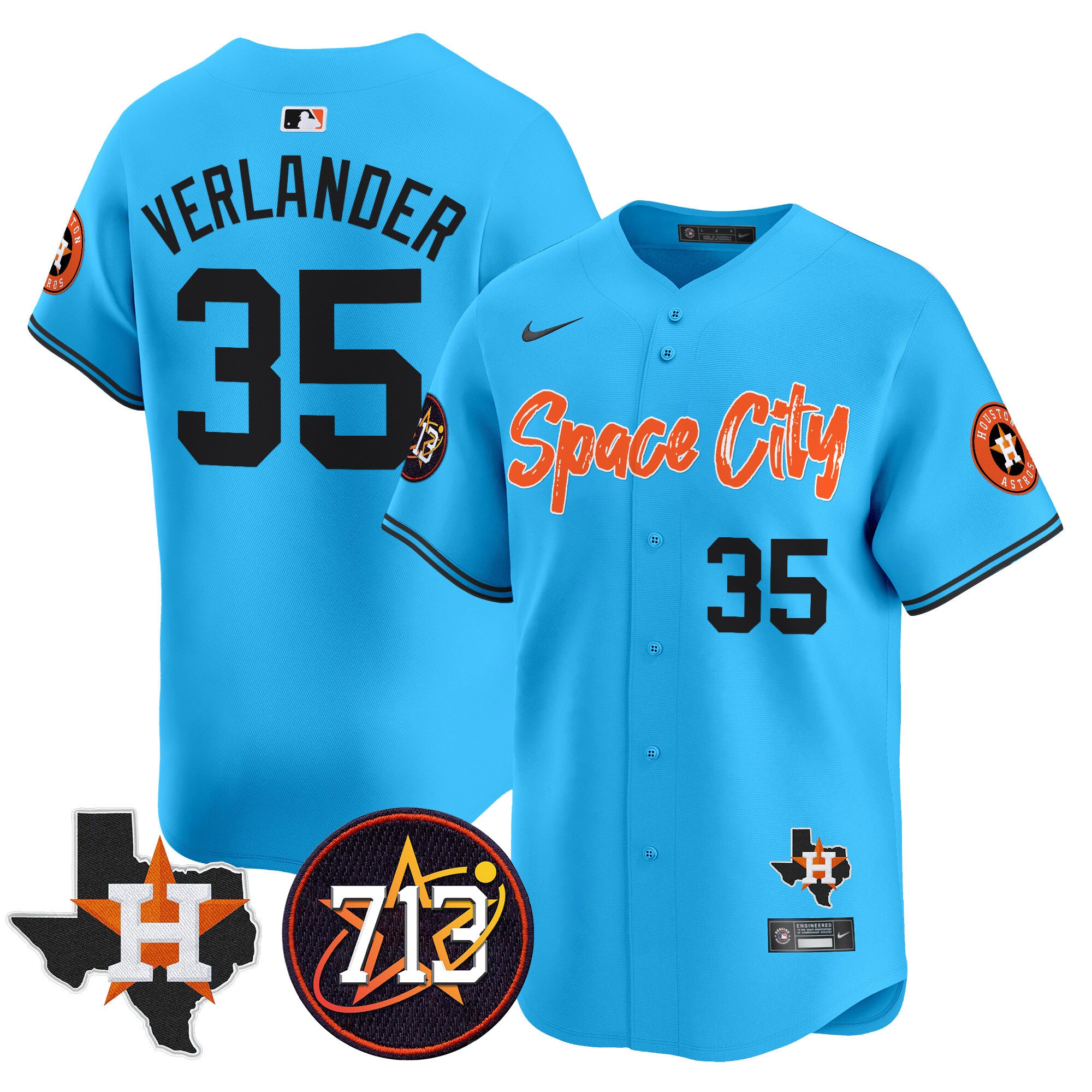 Men's Astros Space City 713 Patch Vapor Premier Limited Jersey V2 - All Stitched - Light Blue, Justin Verlander