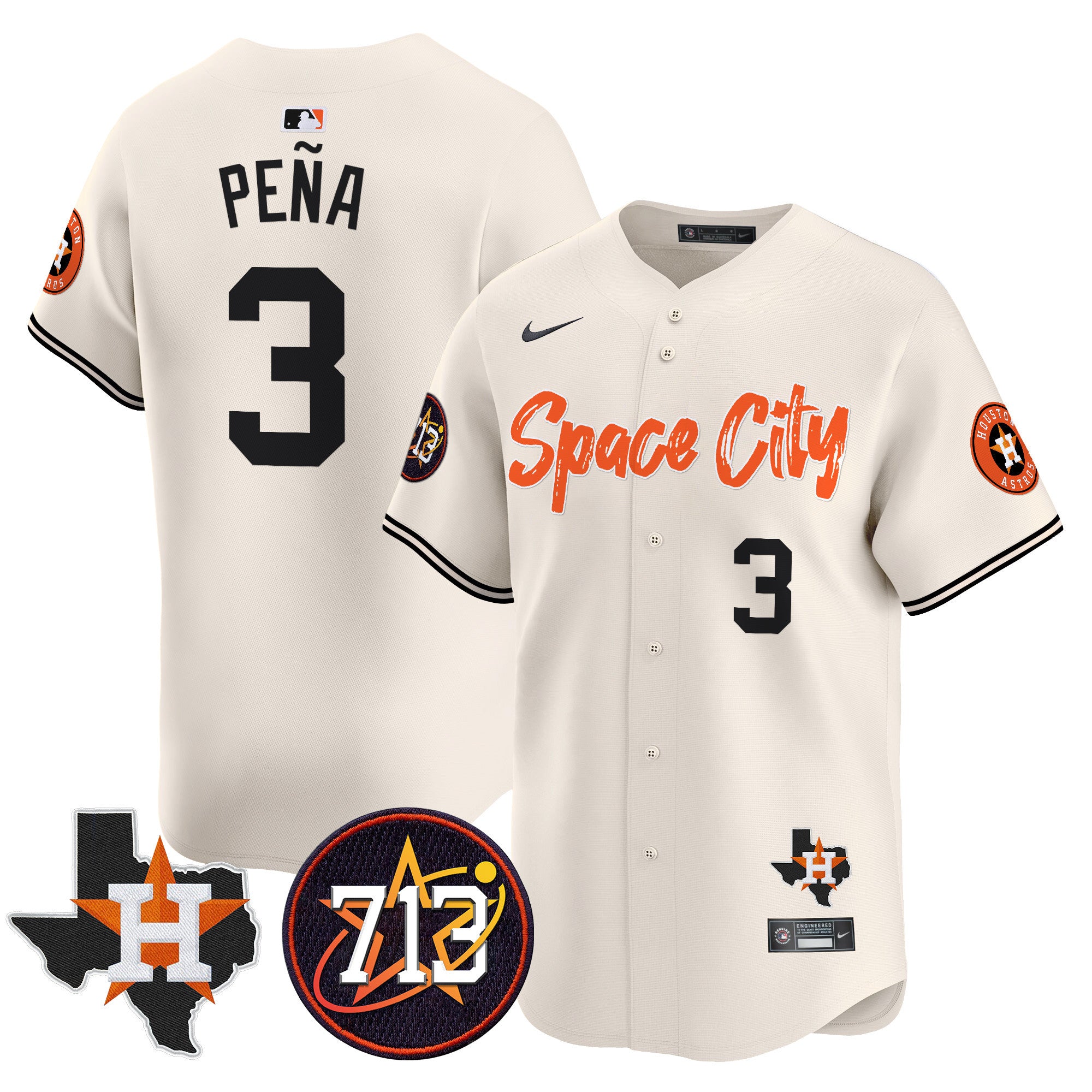 Men's Astros Space City 713 Patch Vapor Premier Limited Jersey V2 - All Stitched - Cream, Jeremy Pena