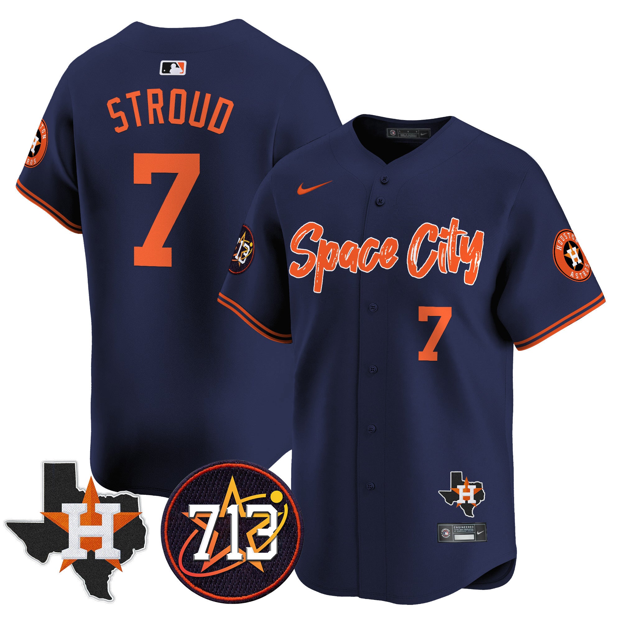 Men's Astros Space City 713 Patch Vapor Premier Limited Jersey V2 - All Stitched - Navy, CJ Stroud