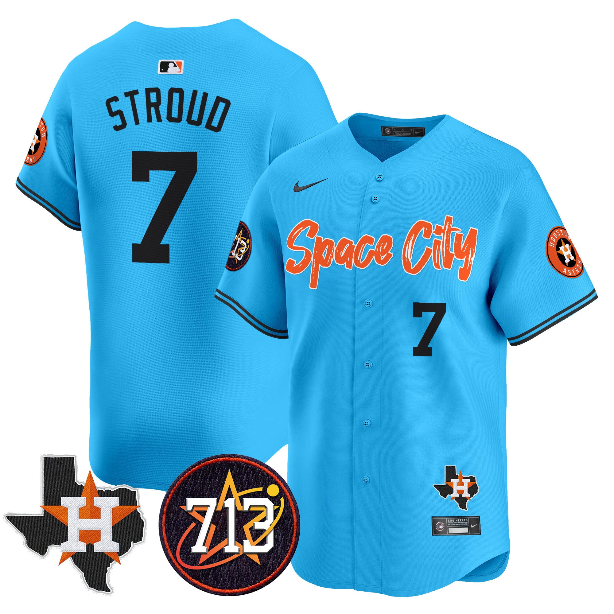 Men's Astros Space City 713 Patch Vapor Premier Limited Jersey V2 - All Stitched - Light Blue, CJ Stroud