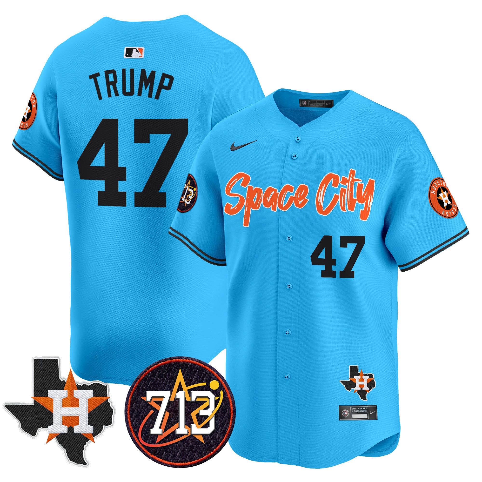 Men's Astros Space City 713 Patch Vapor Premier Limited Jersey V2 - All Stitched - Light Blue, Donald Trump