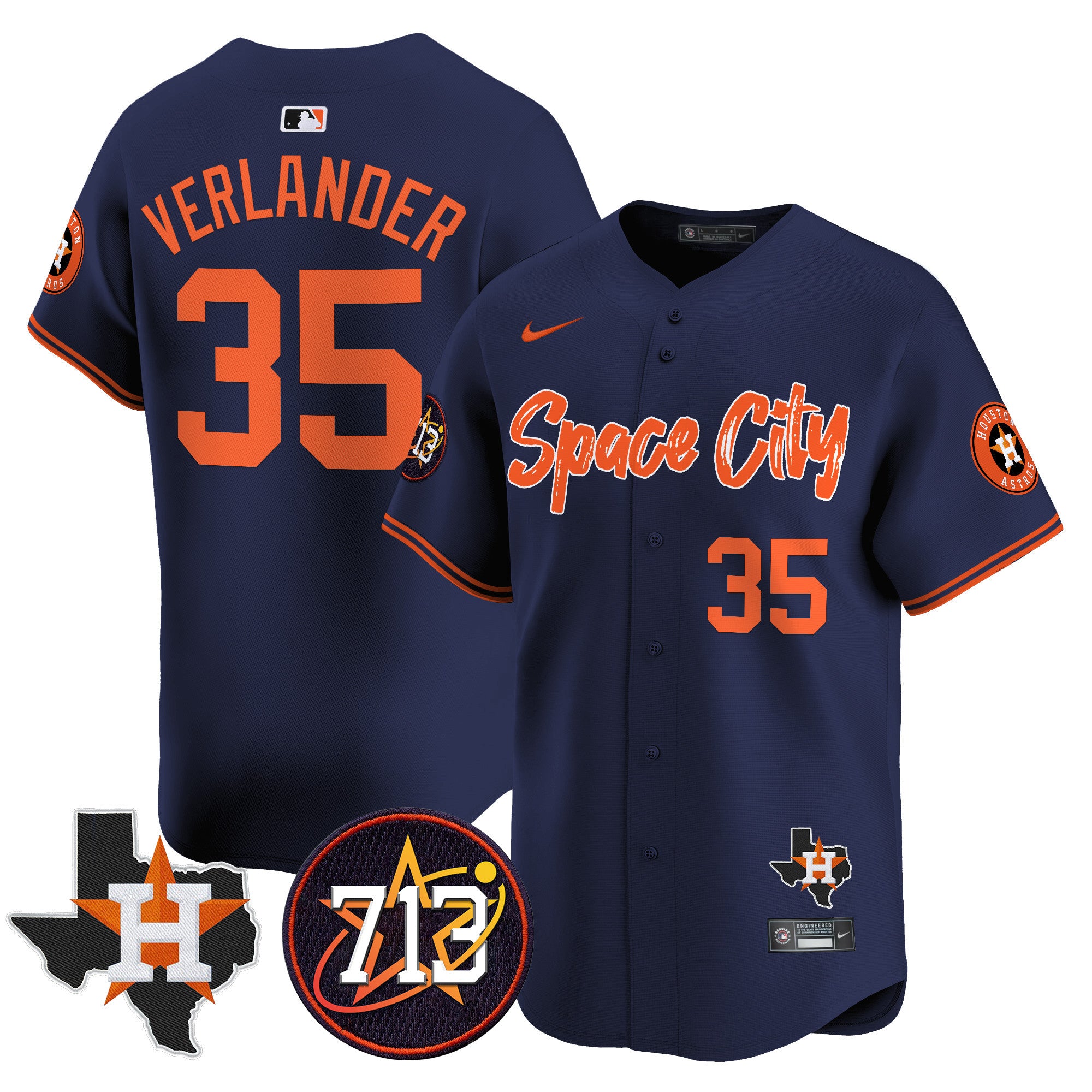Men's Astros Space City 713 Patch Vapor Premier Limited Jersey V2 - All Stitched - Navy, Justin Verlander