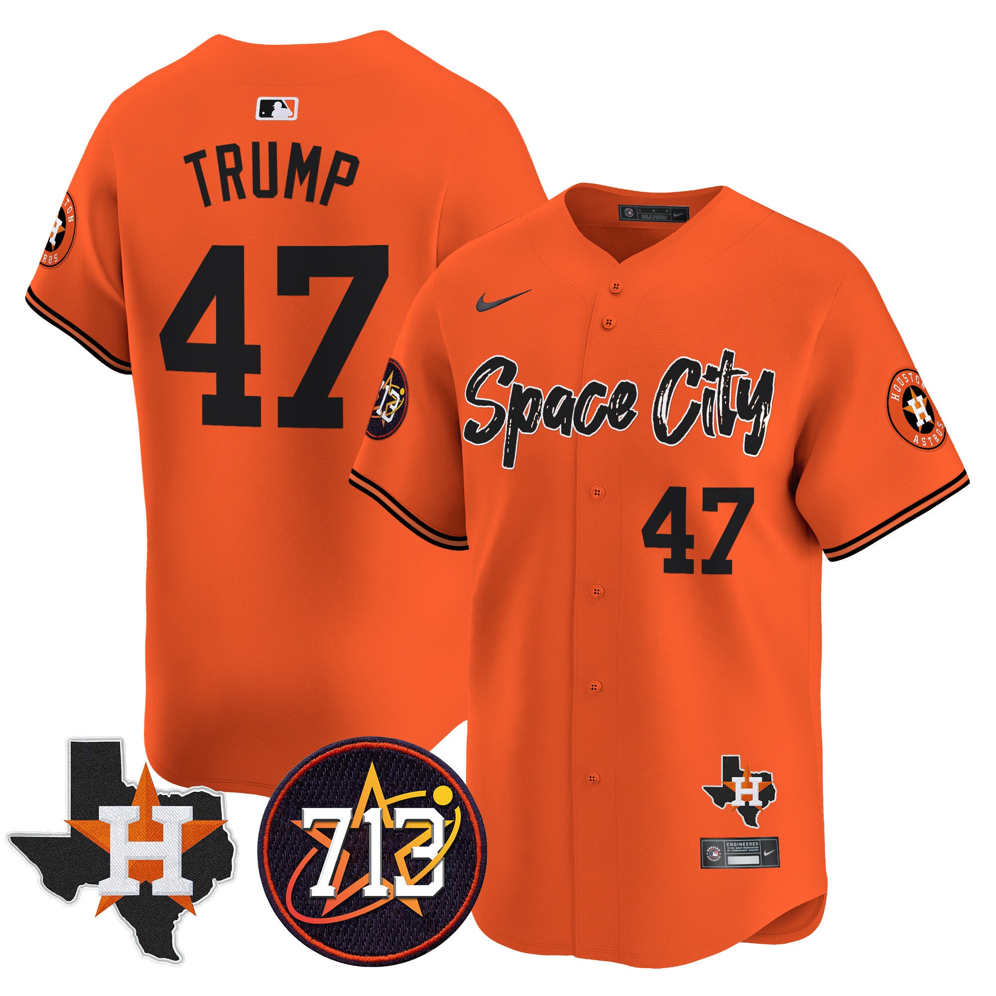 Men's Astros Space City 713 Patch Vapor Premier Limited Jersey V2 - All Stitched - Orange, Donald Trump