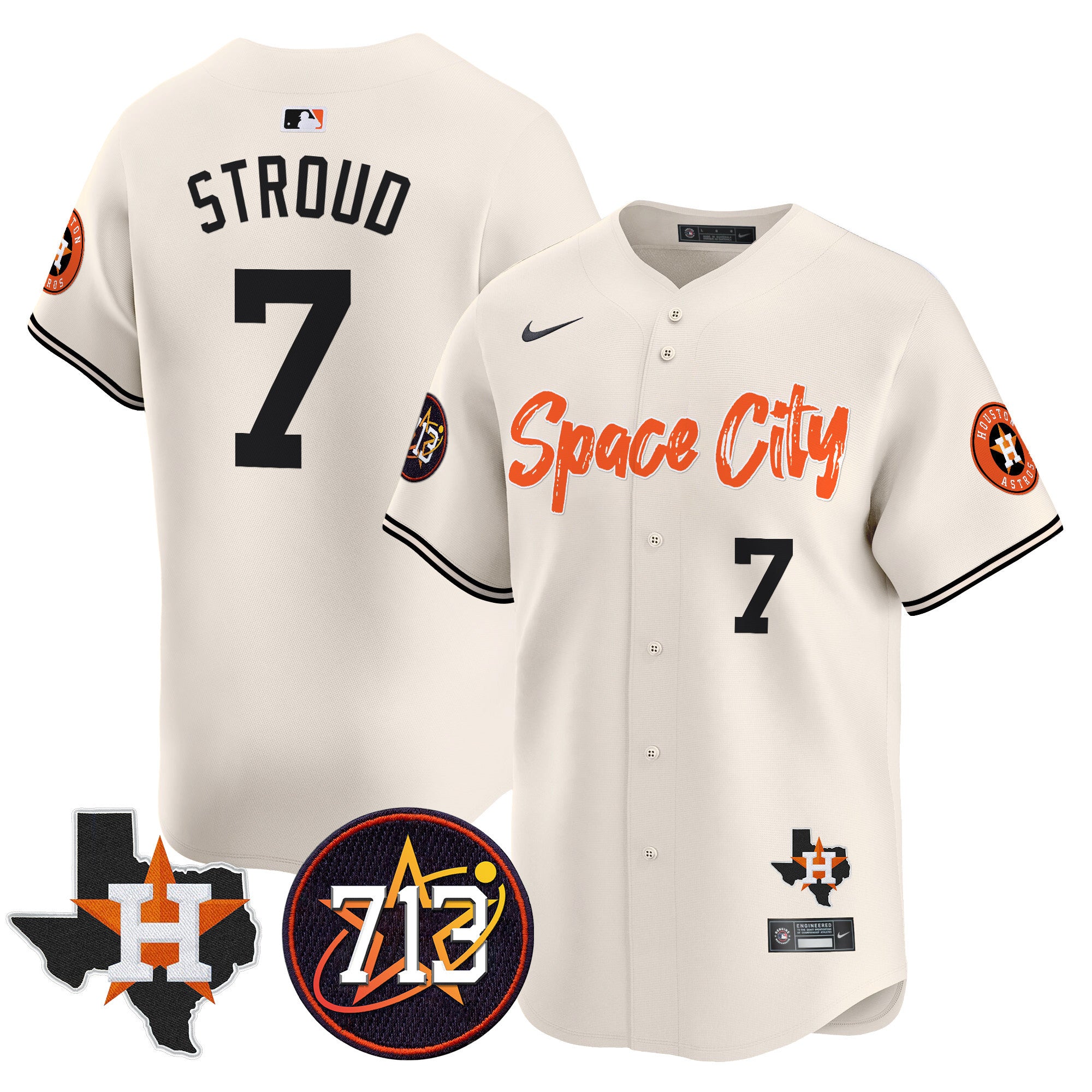 Men's Astros Space City 713 Patch Vapor Premier Limited Jersey V2 - All Stitched - Cream, CJ Stroud