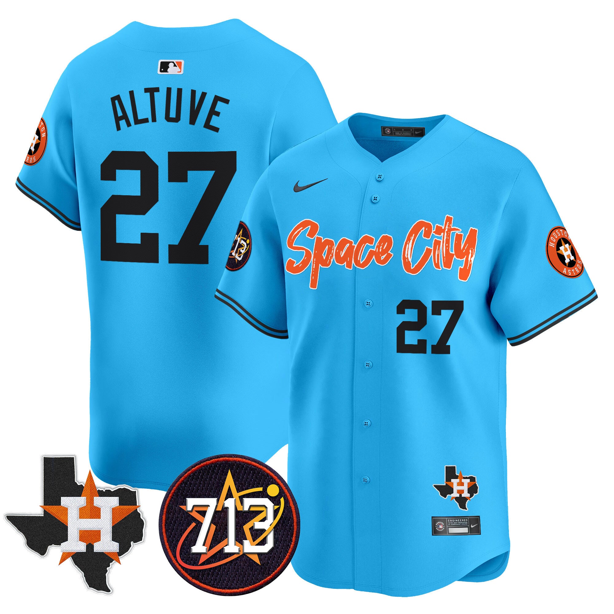Men's Astros Space City 713 Patch Vapor Premier Limited Jersey V2 - All Stitched - Light Blue, José Altuve