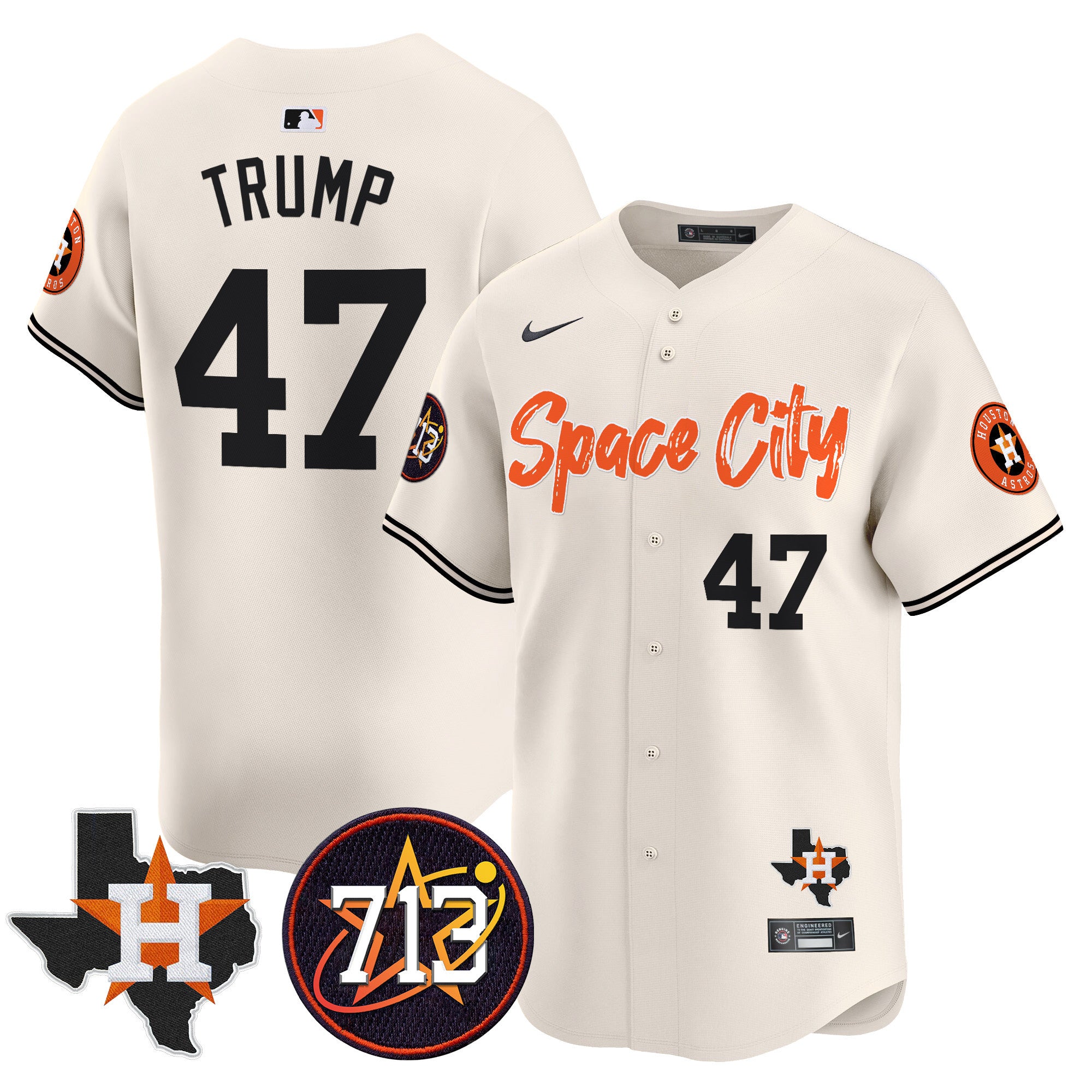 Men's Astros Space City 713 Patch Vapor Premier Limited Jersey V2 - All Stitched - Cream, Donald Trump