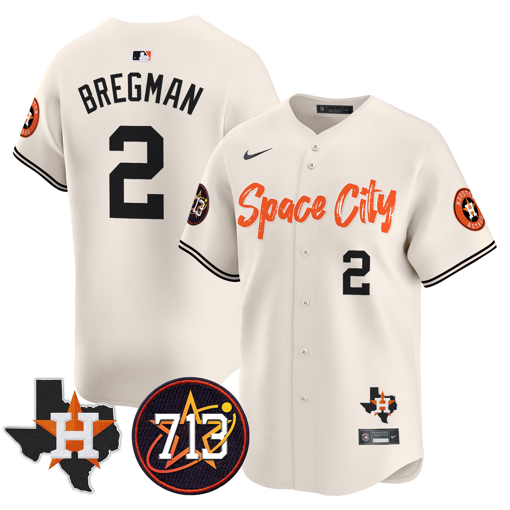 Men's Astros Space City 713 Patch Vapor Premier Limited Jersey V2 - All Stitched - Cream, Alex Bregman