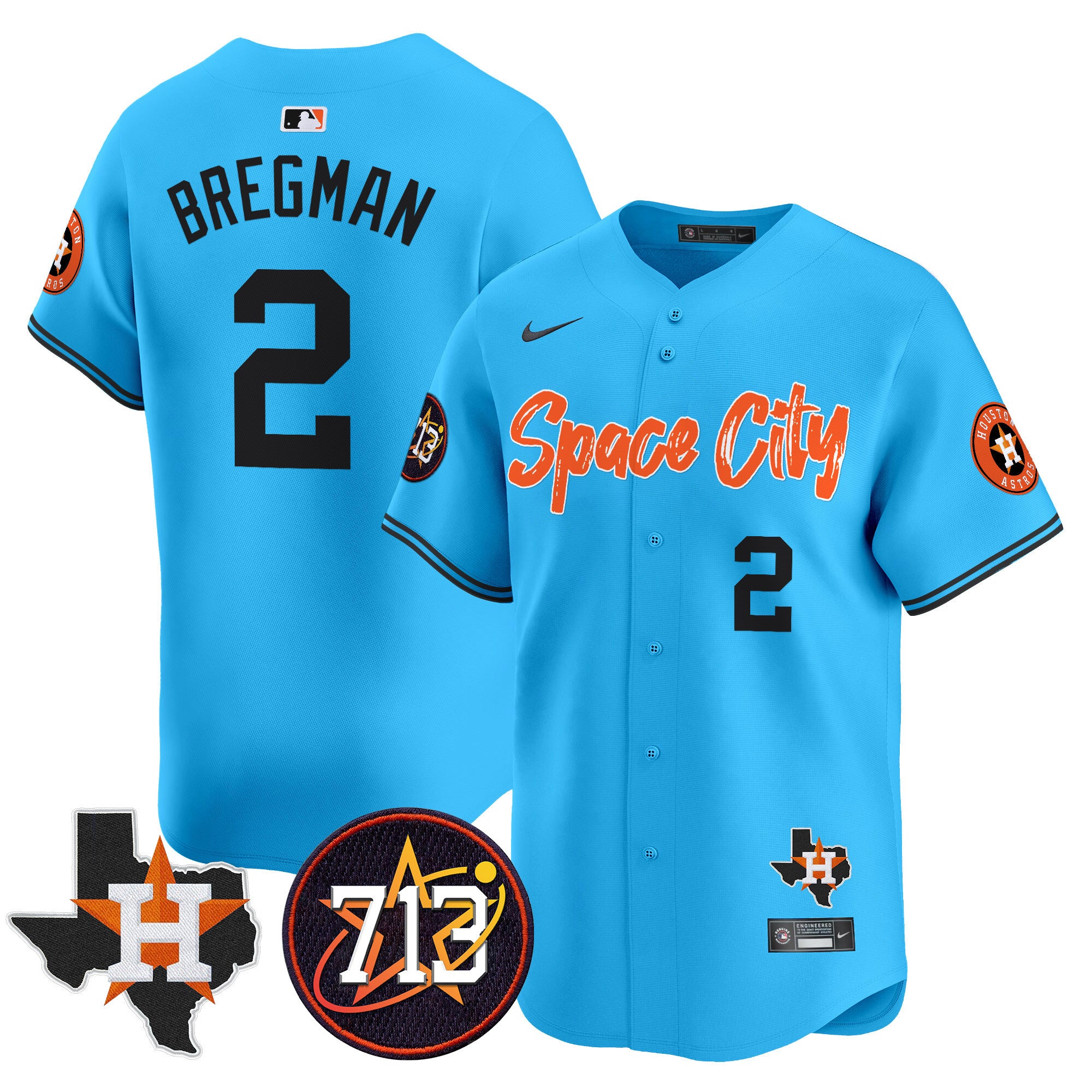 Men's Astros Space City 713 Patch Vapor Premier Limited Jersey V2 - All Stitched - Light Blue, Alex Bregman