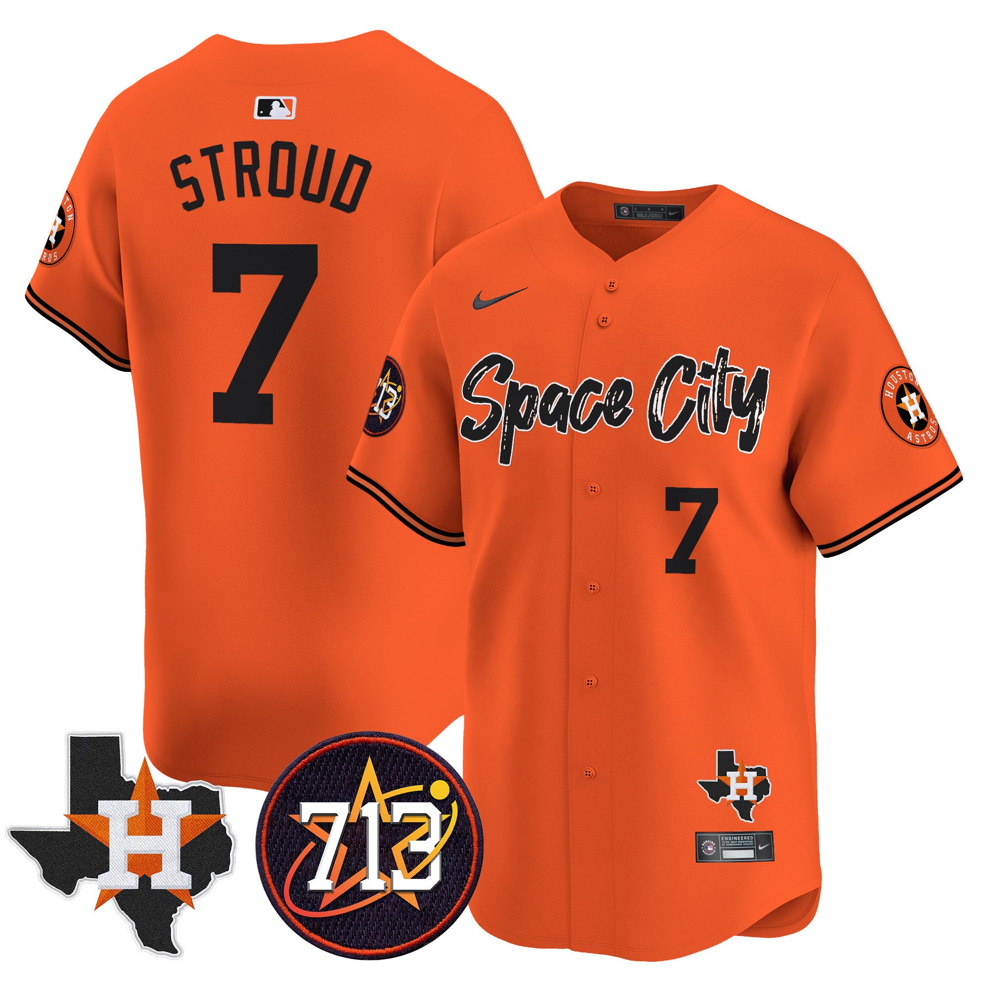 Men's Astros Space City 713 Patch Vapor Premier Limited Jersey V2 - All Stitched - Orange, CJ Stroud