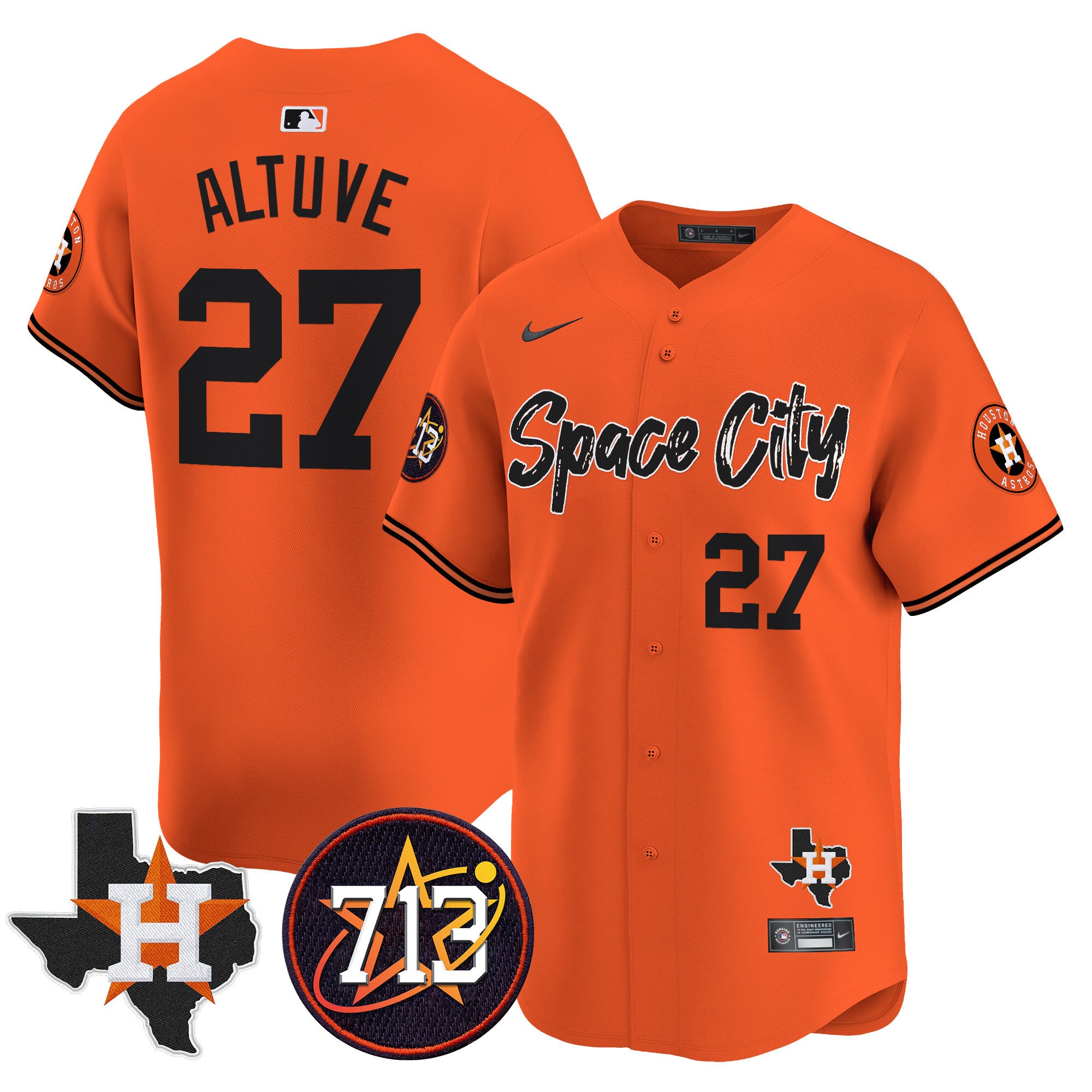 Men's Astros Space City 713 Patch Vapor Premier Limited Jersey V2 - All Stitched - Orange, José Altuve