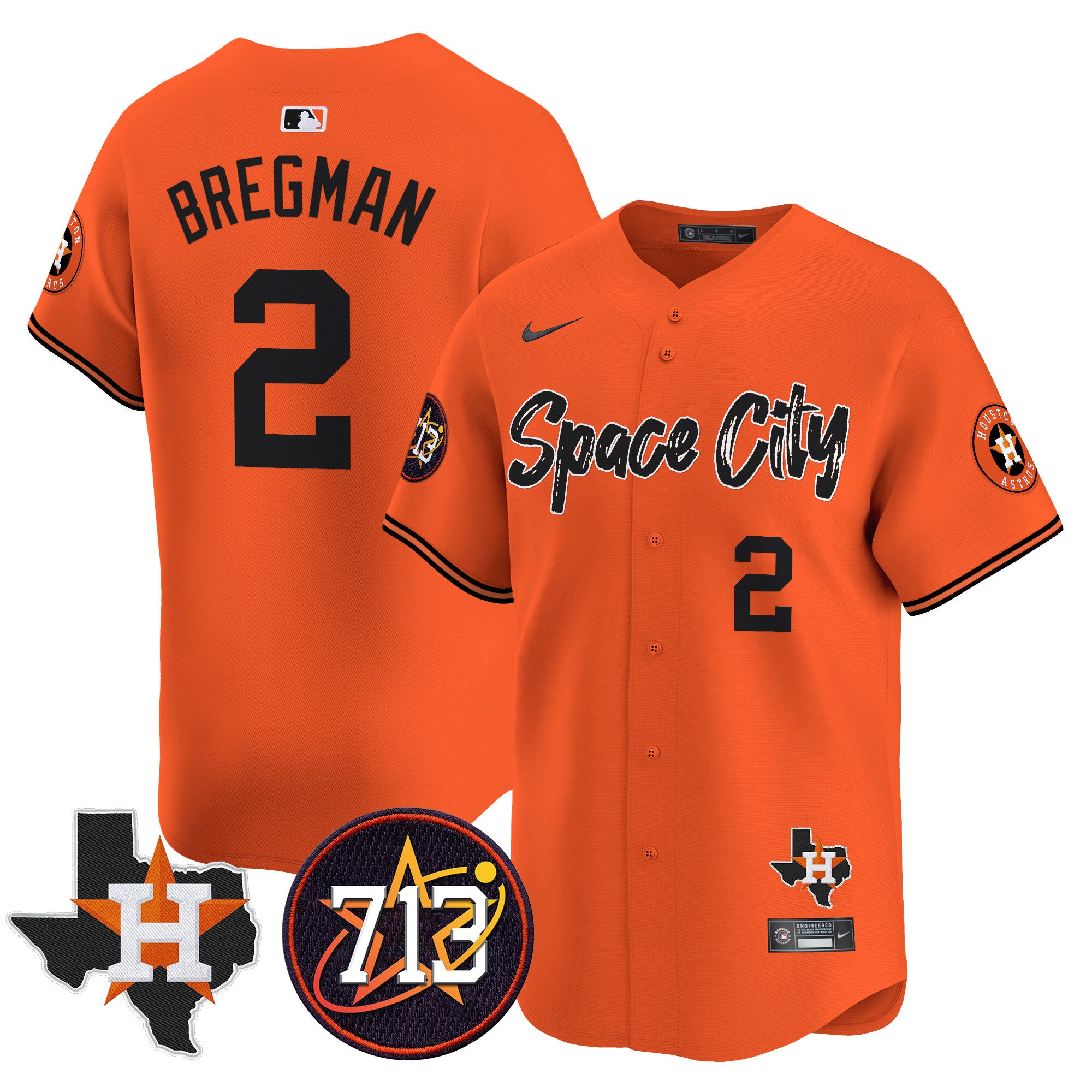 Men's Astros Space City 713 Patch Vapor Premier Limited Jersey V2 - All Stitched - Orange, Alex Bregman