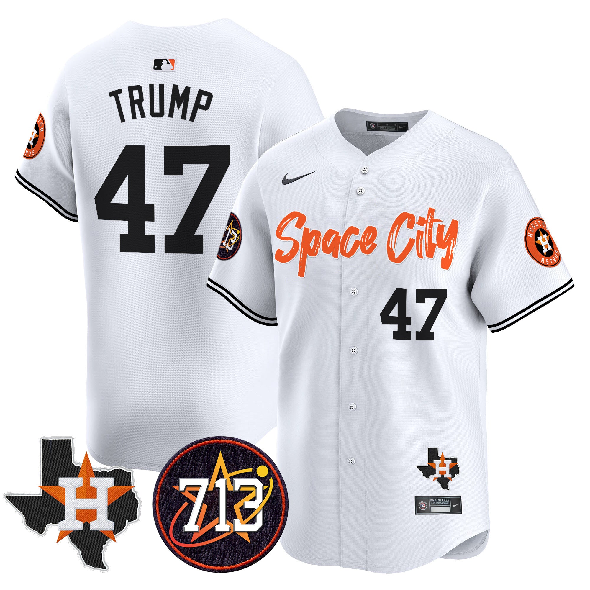 Men's Astros Space City 713 Patch Vapor Premier Limited Jersey V2 - All Stitched - White, Donald Trump