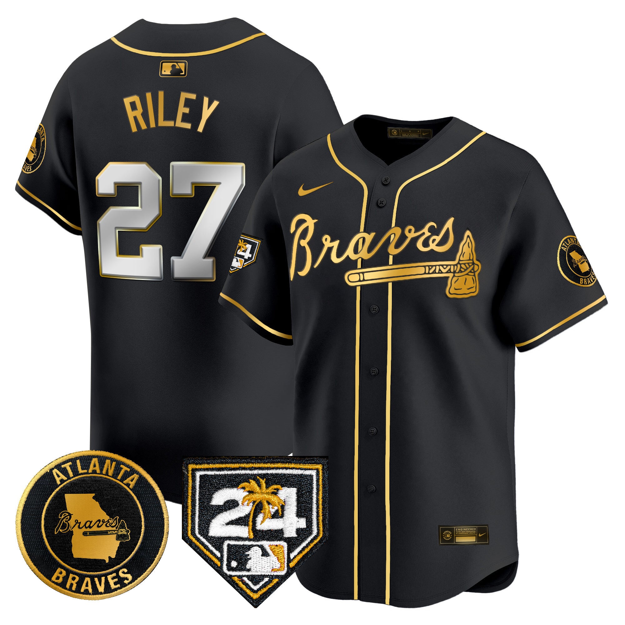 Men's Atlanta Braves 2024 Spring Training Patch Vapor Premier Limited Jersey - All Stitched - Black Gold, Austin Riley