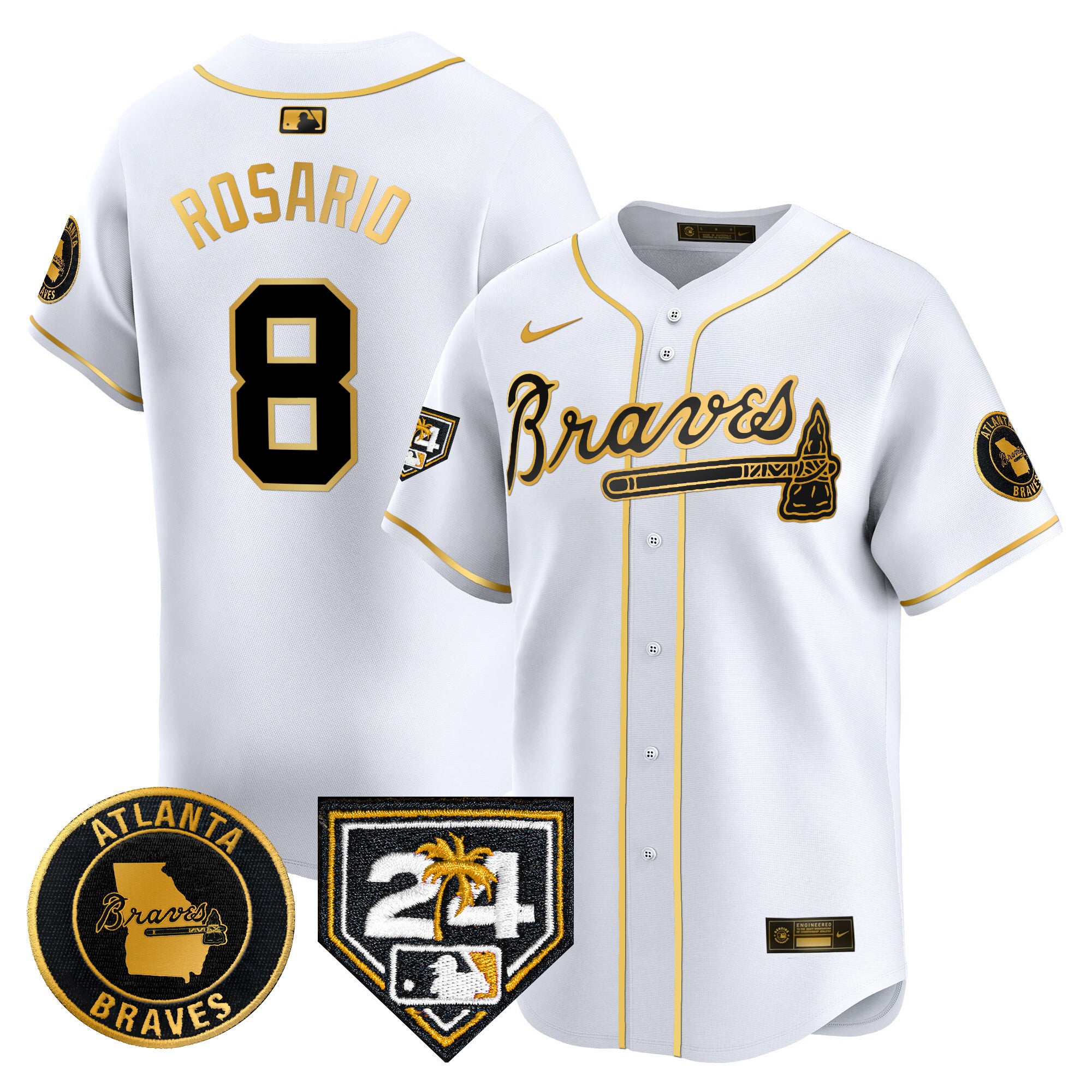 Men's Atlanta Braves 2024 Spring Training Patch Vapor Premier Limited Jersey - All Stitched - White Gold, Eddie Rosario