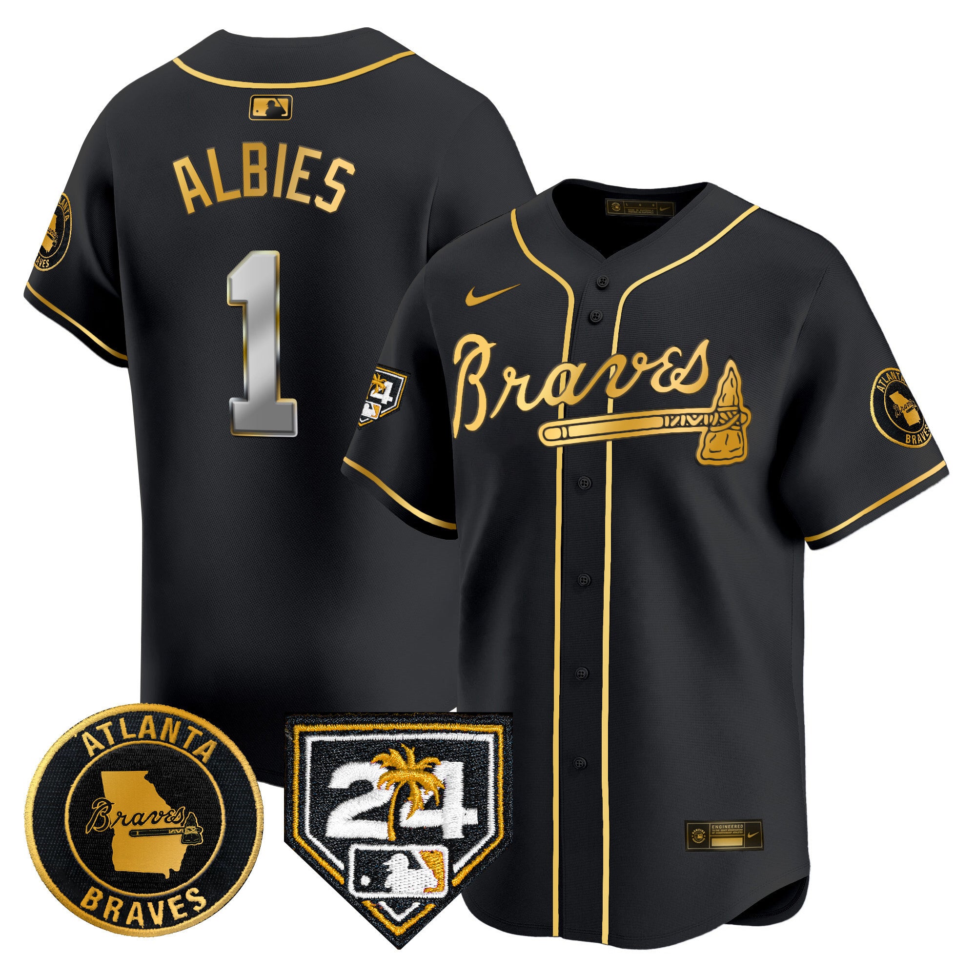 Men's Atlanta Braves 2024 Spring Training Patch Vapor Premier Limited Jersey - All Stitched - Black Gold, Ozzie Albies