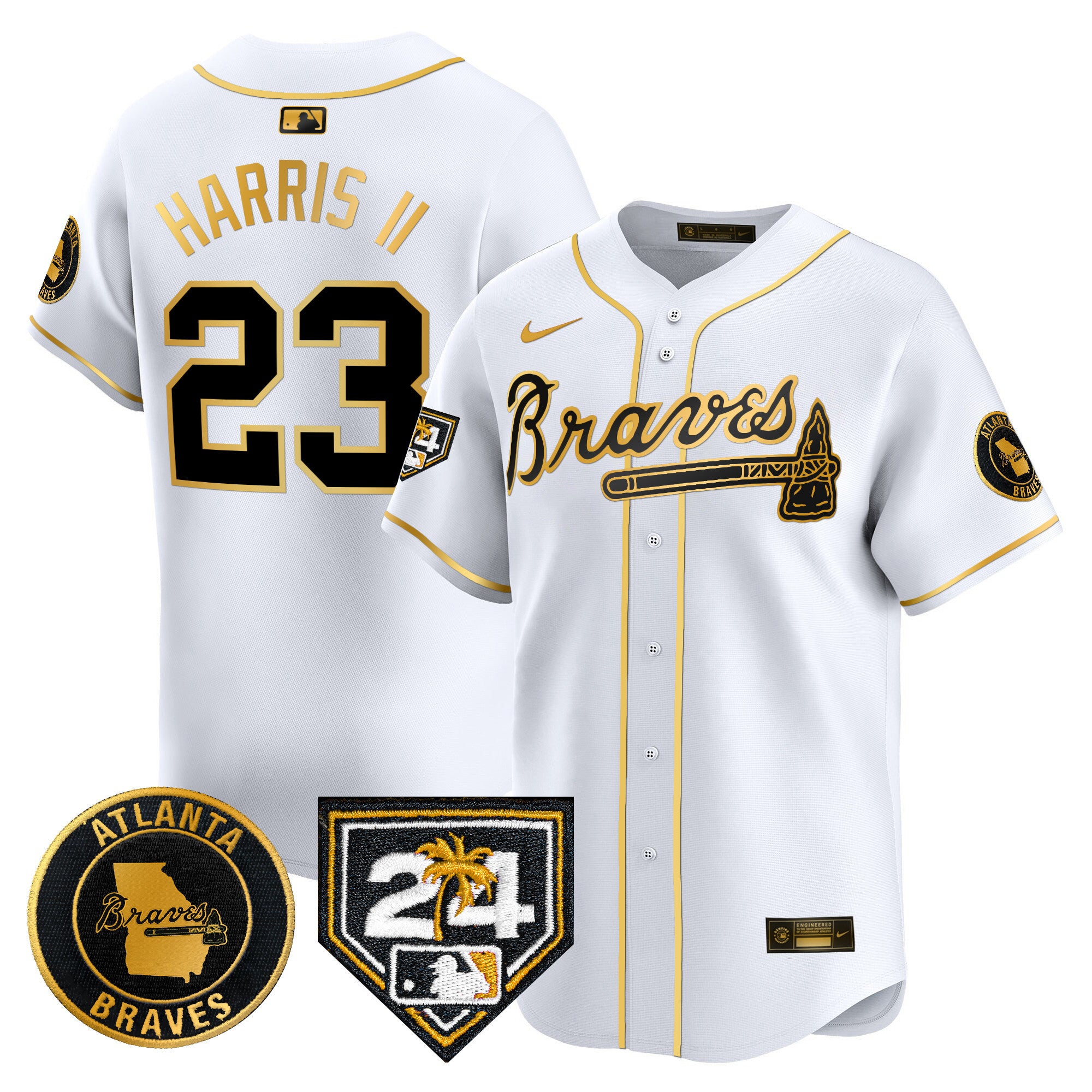 Men's Atlanta Braves 2024 Spring Training Patch Vapor Premier Limited Jersey - All Stitched - White Gold, Michael Harris II